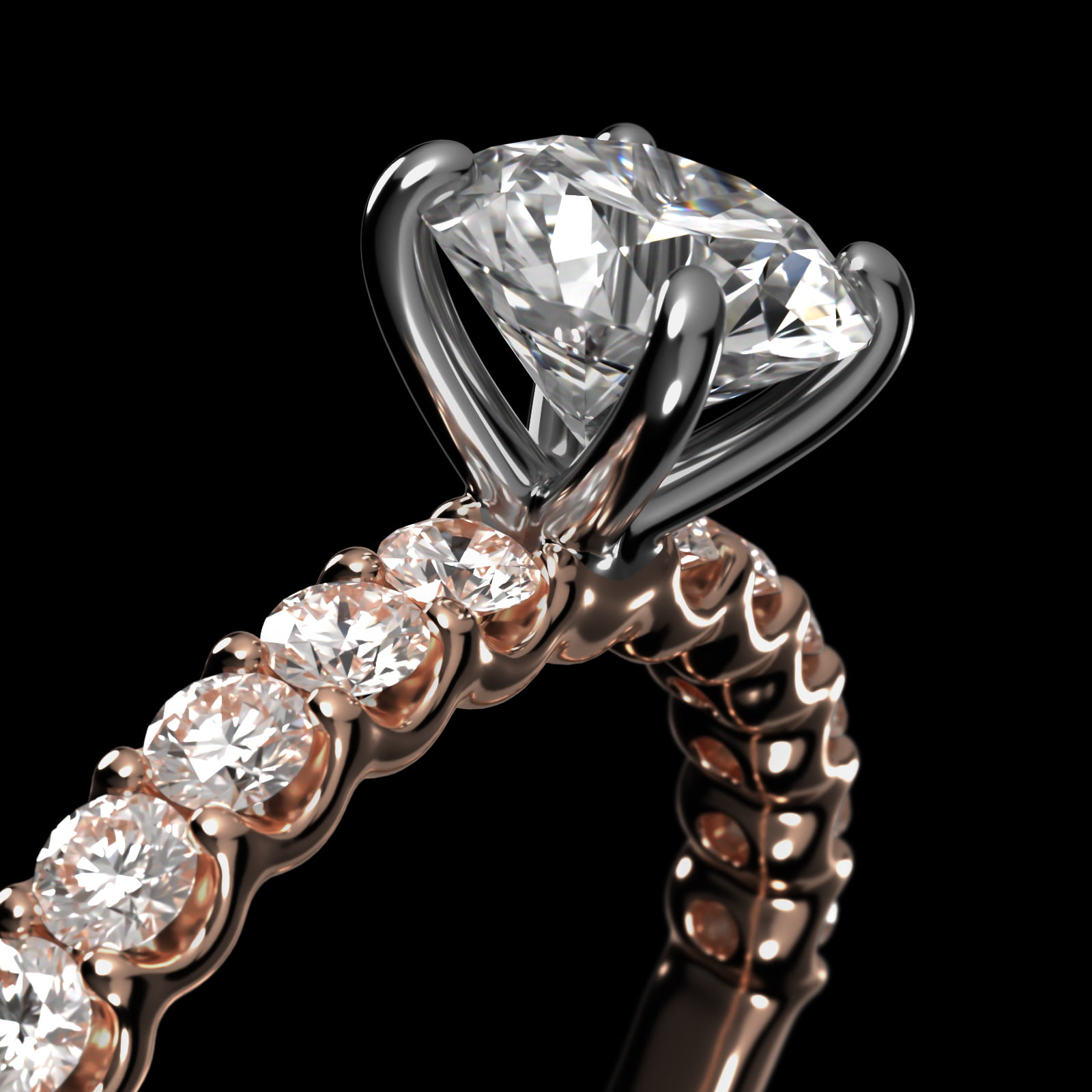 Twelve Stone Contour Side Stone Diamond Shared Prong Engagement Ring In 14K Rose Gold