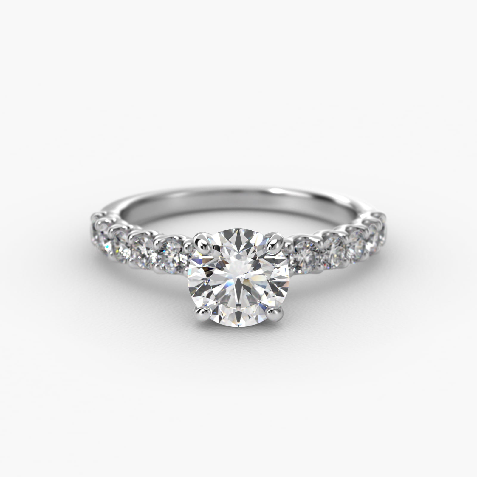 Twelve Stone Contour Side Stone Diamond Shared Prong Engagement Ring In 18K White Gold