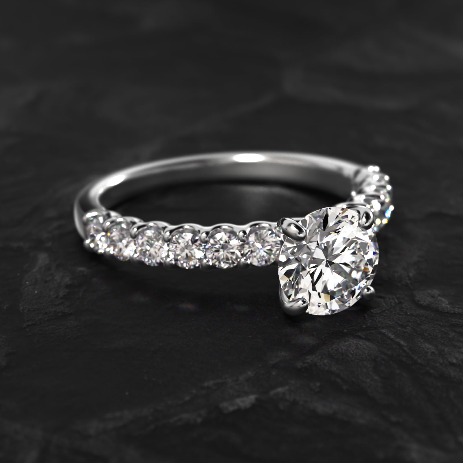 Twelve Stone Contour Side Stone Diamond Shared Prong Engagement Ring In 14K White Gold