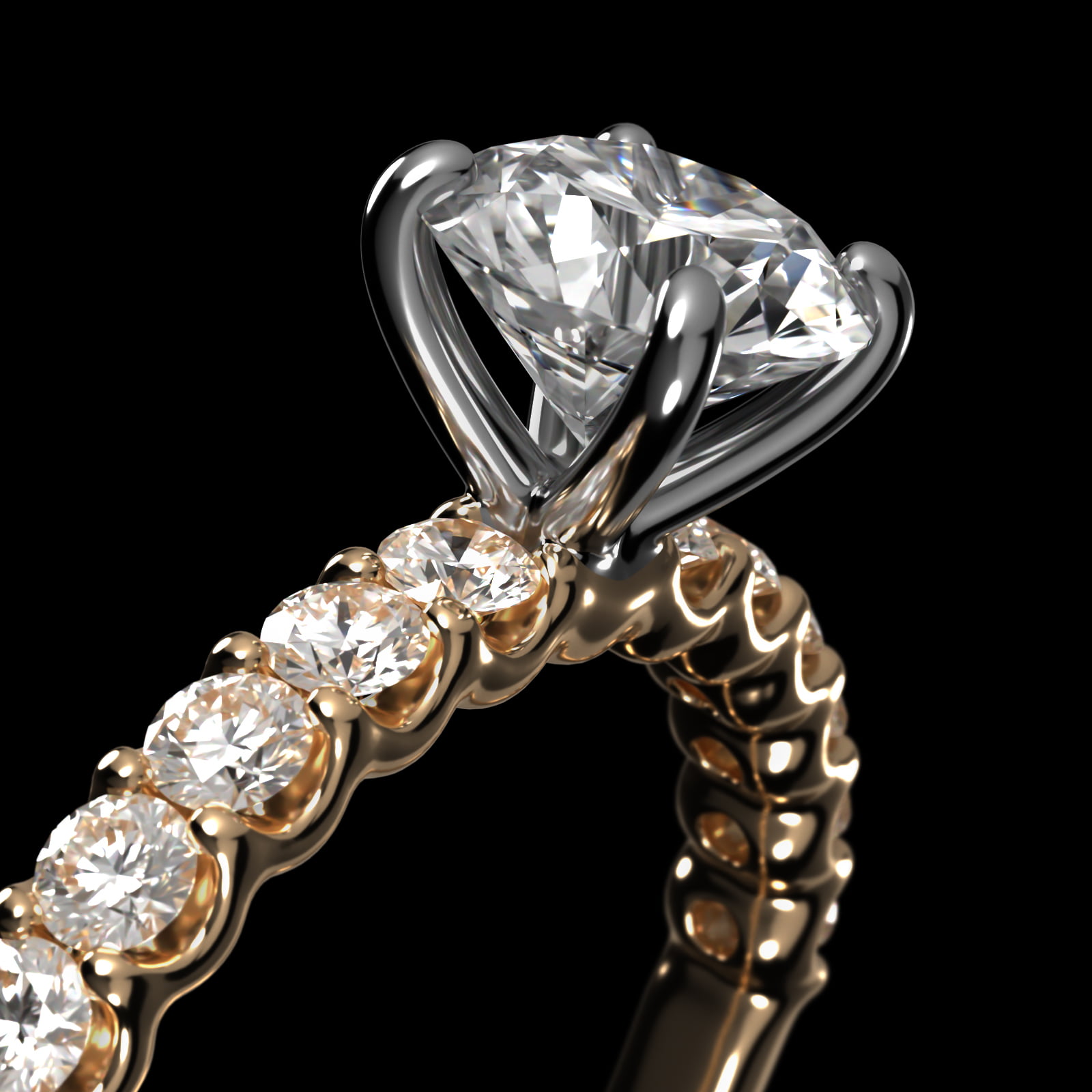 Twelve Stone Contour Side Stone Diamond Shared Prong Engagement Ring In 14K Yellow Gold