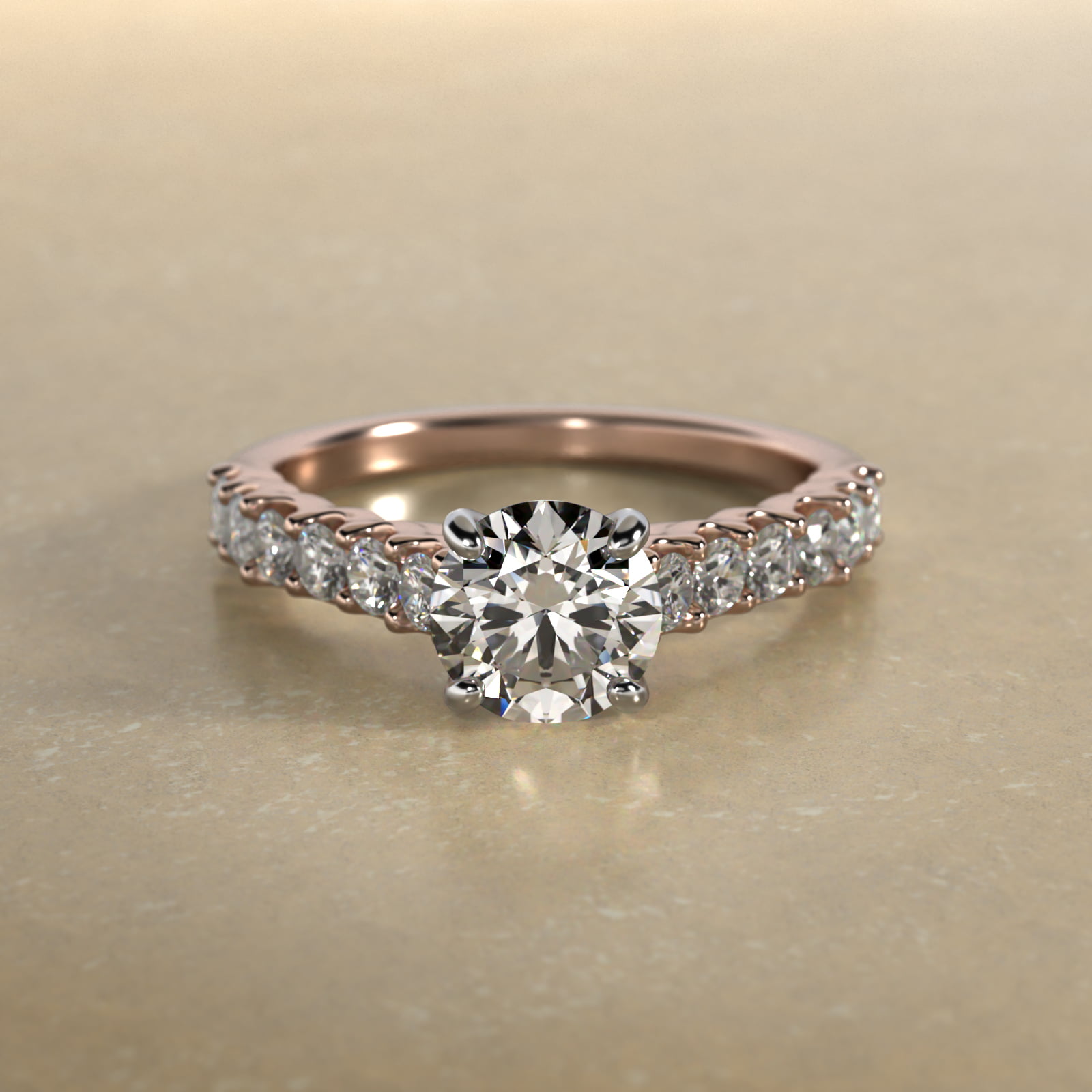 Twelve Stone Cathedral Contour Side Stone Diamond Shared Prong Engagement Ring In 14K Rose Gold