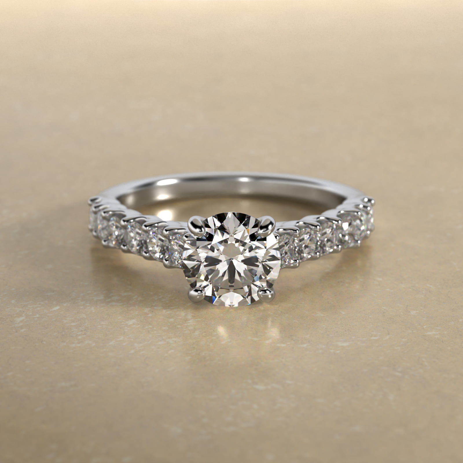 Twelve Stone Cathedral Contour Side Stone Diamond Shared Prong Engagement Ring In 14K White Gold