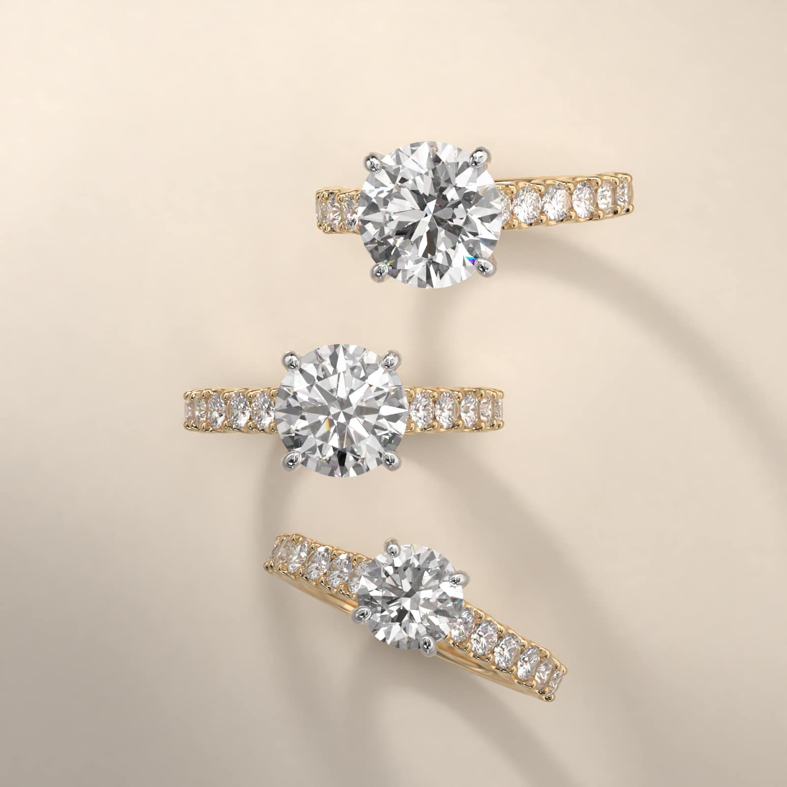 Twelve Stone Cathedral Contour Side Stone Diamond Shared Prong Engagement Ring In 18K Yellow Gold