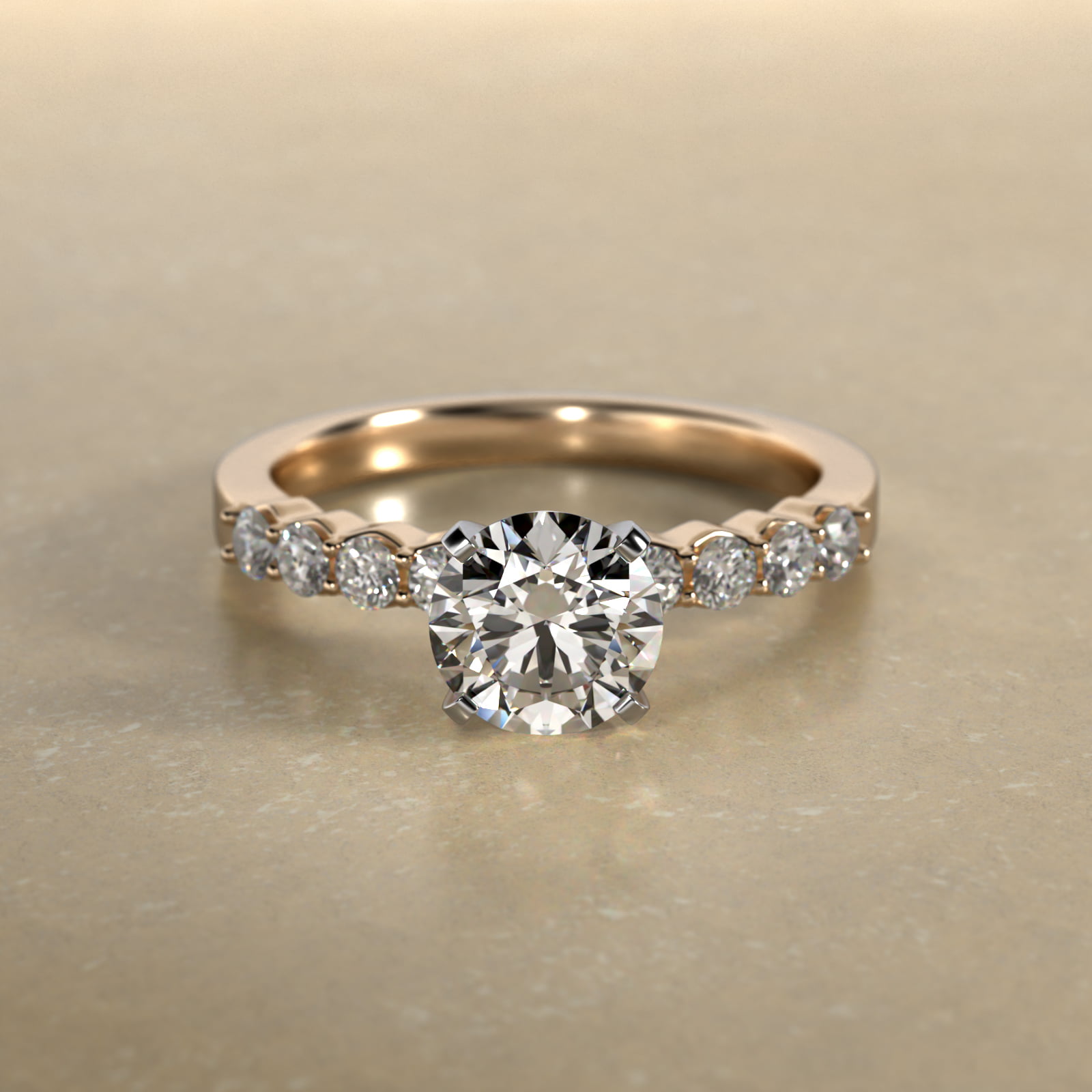 Classic Eight Round Side Stone Diamond Engagement Ring In 18K Yellow Gold