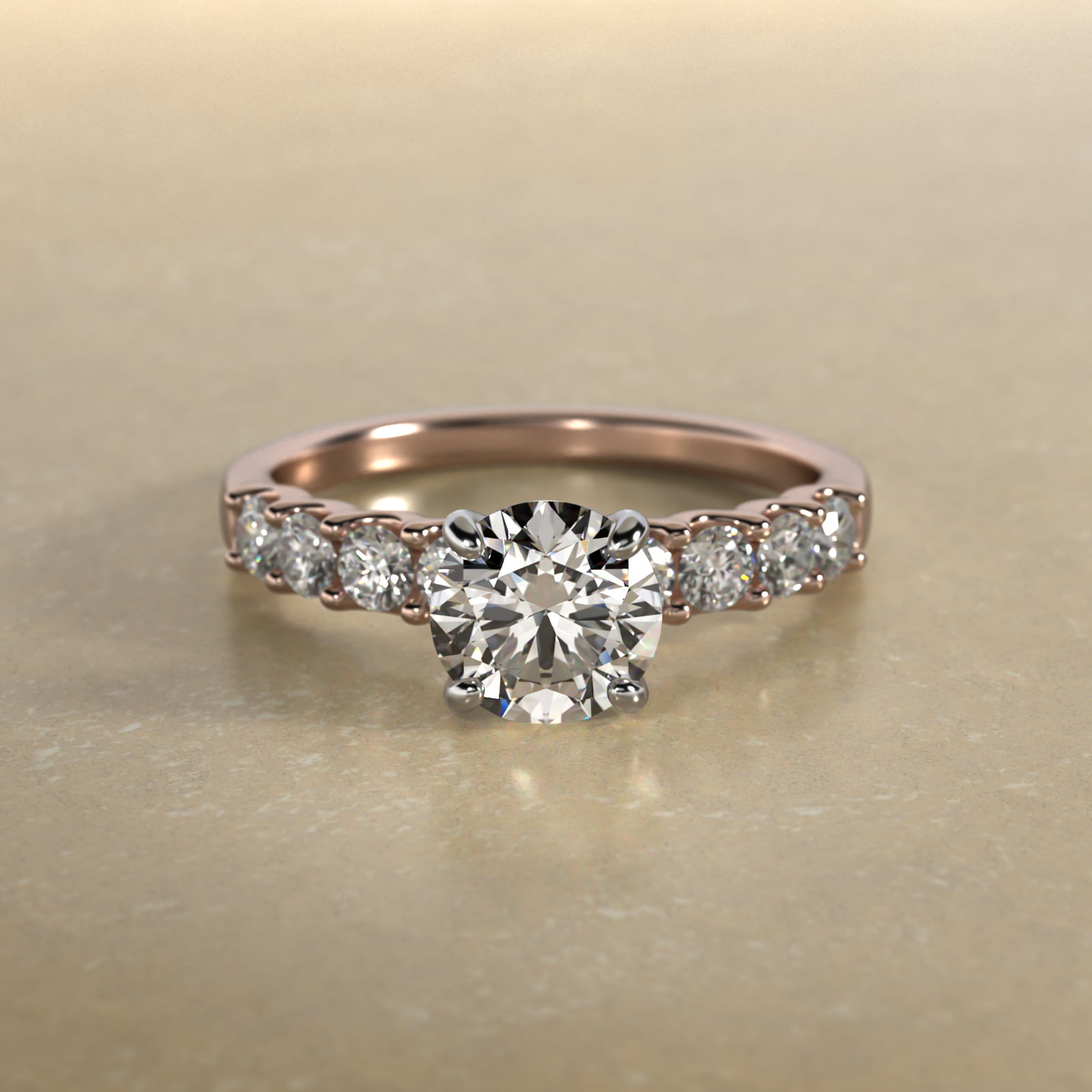 Eight Stone Contour Side Stone Diamond Shared Prong Engagement Ring In 14K Rose Gold