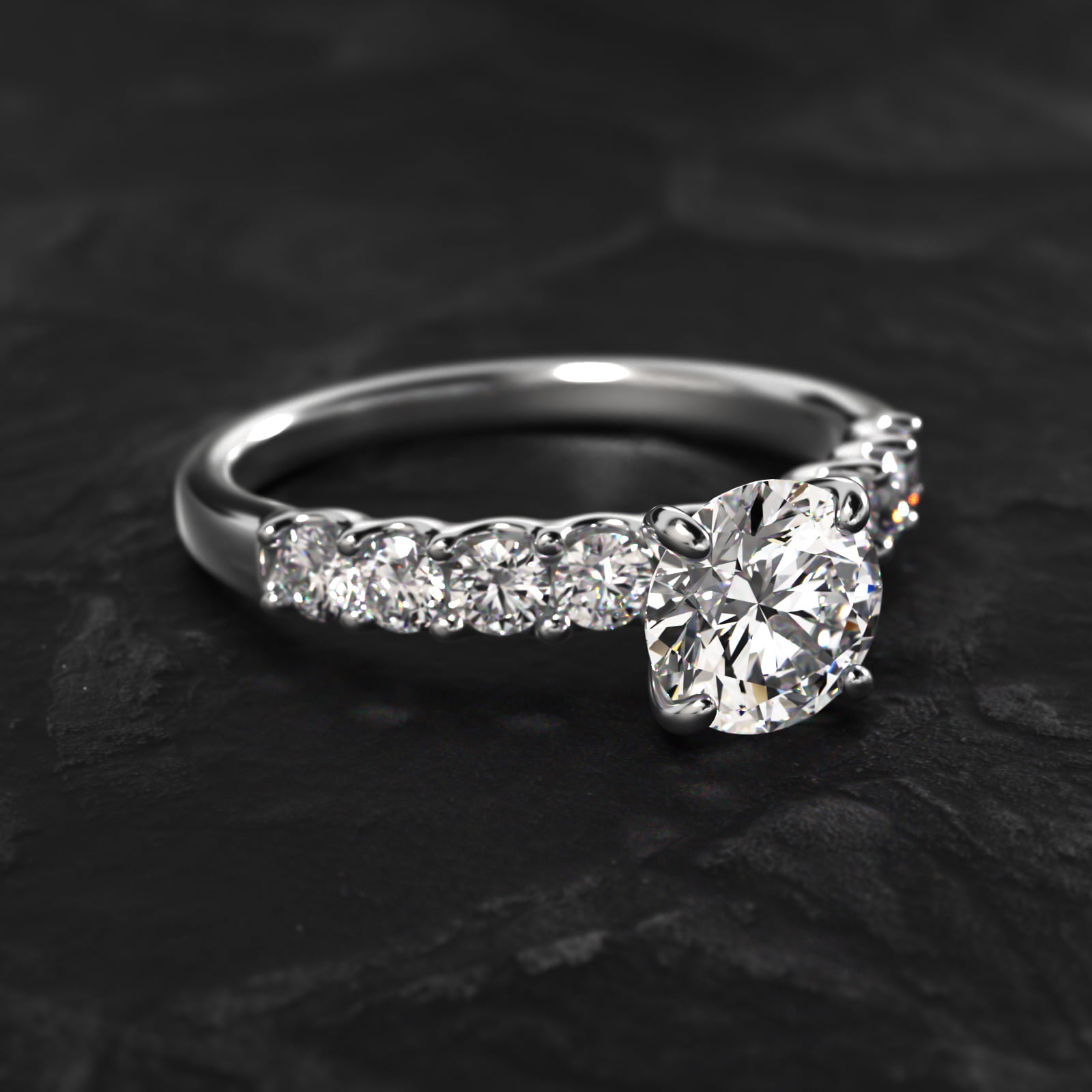 Eight Stone Contour Side Stone Diamond Shared Prong Engagement Ring In 18K White Gold