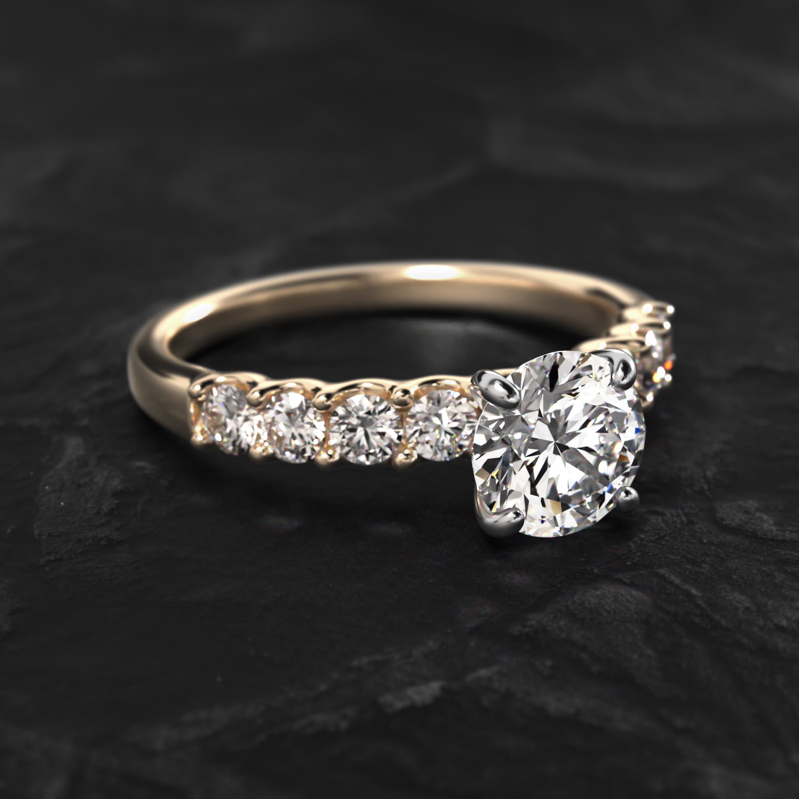 Eight Stone Contour Side Stone Diamond Shared Prong Engagement Ring In 18K Yellow Gold