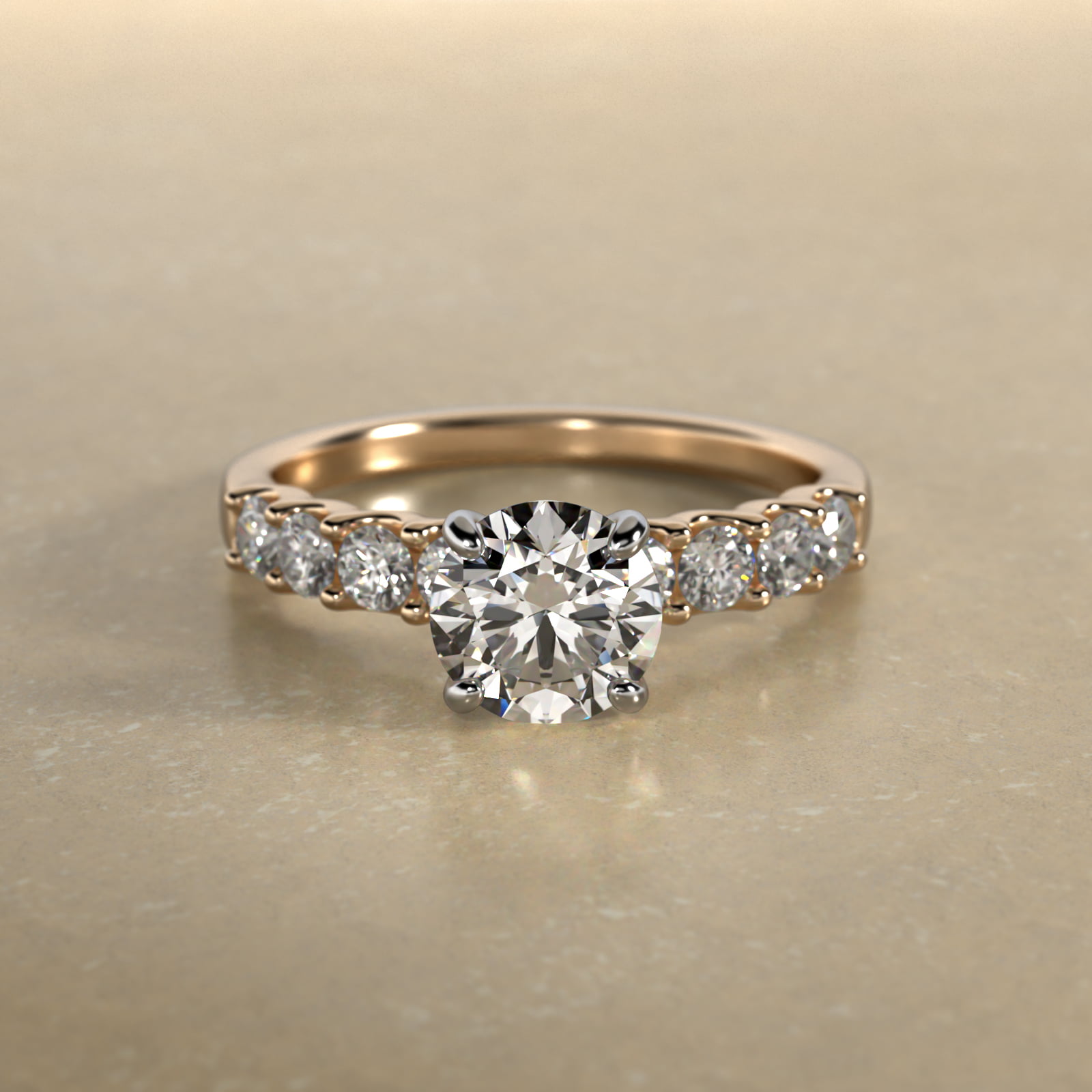 Eight Stone Contour Side Stone Diamond Shared Prong Engagement Ring In 14K Yellow Gold