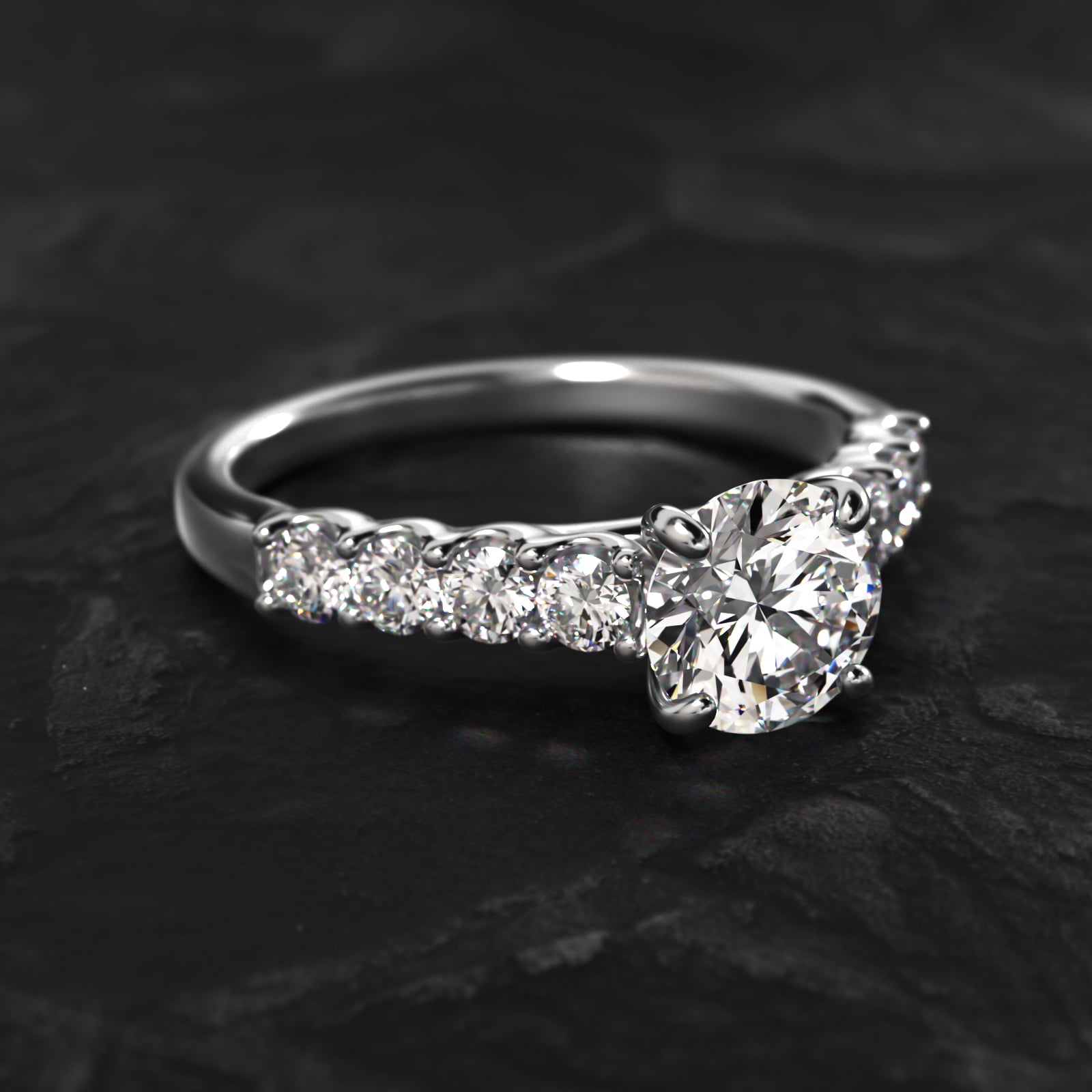 Eight Stone Cathedral Contour Side Stone Diamond Shared Prong Engagement Ring In 14K White Gold