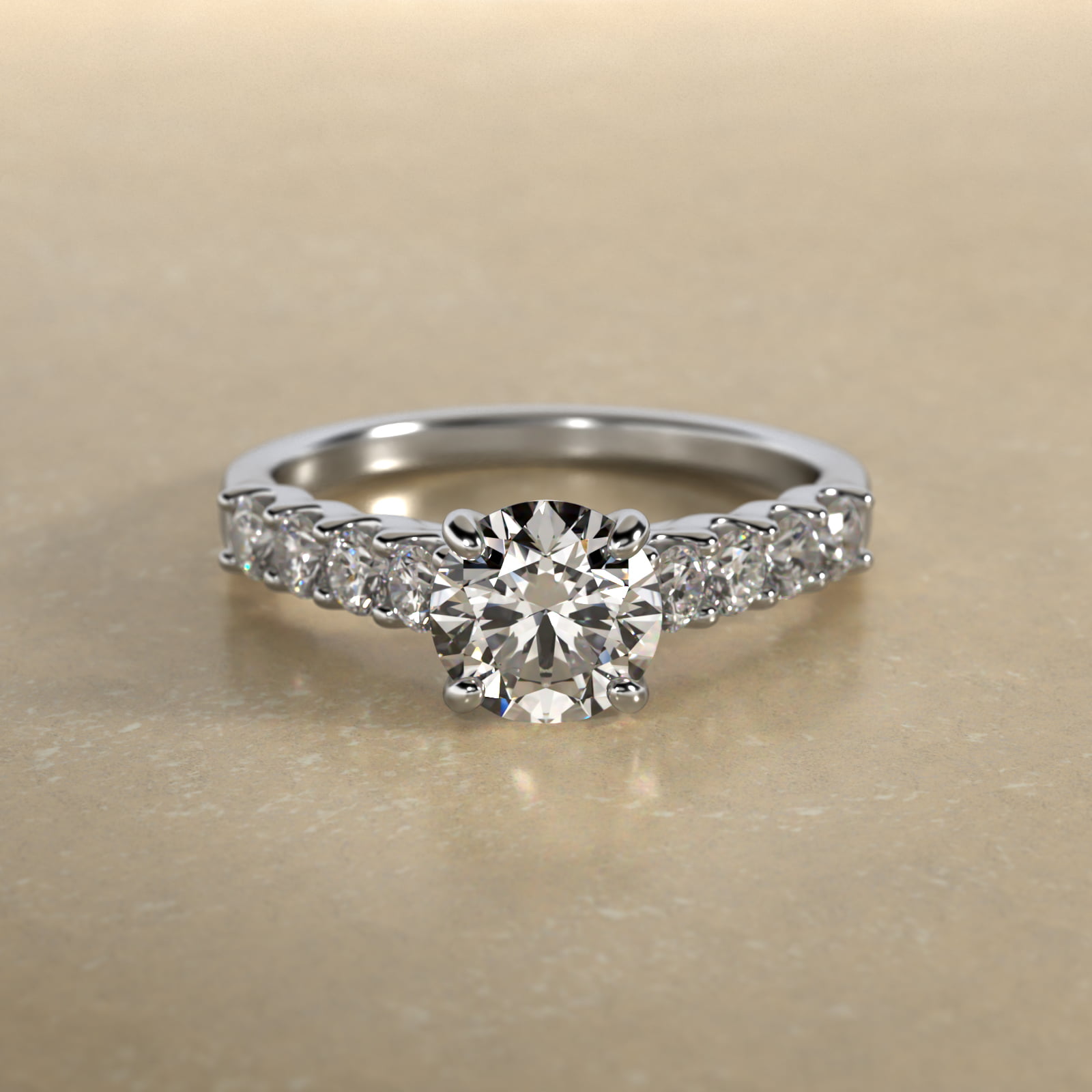 Eight Stone Cathedral Contour Side Stone Diamond Shared Prong Engagement Ring In 18K White Gold