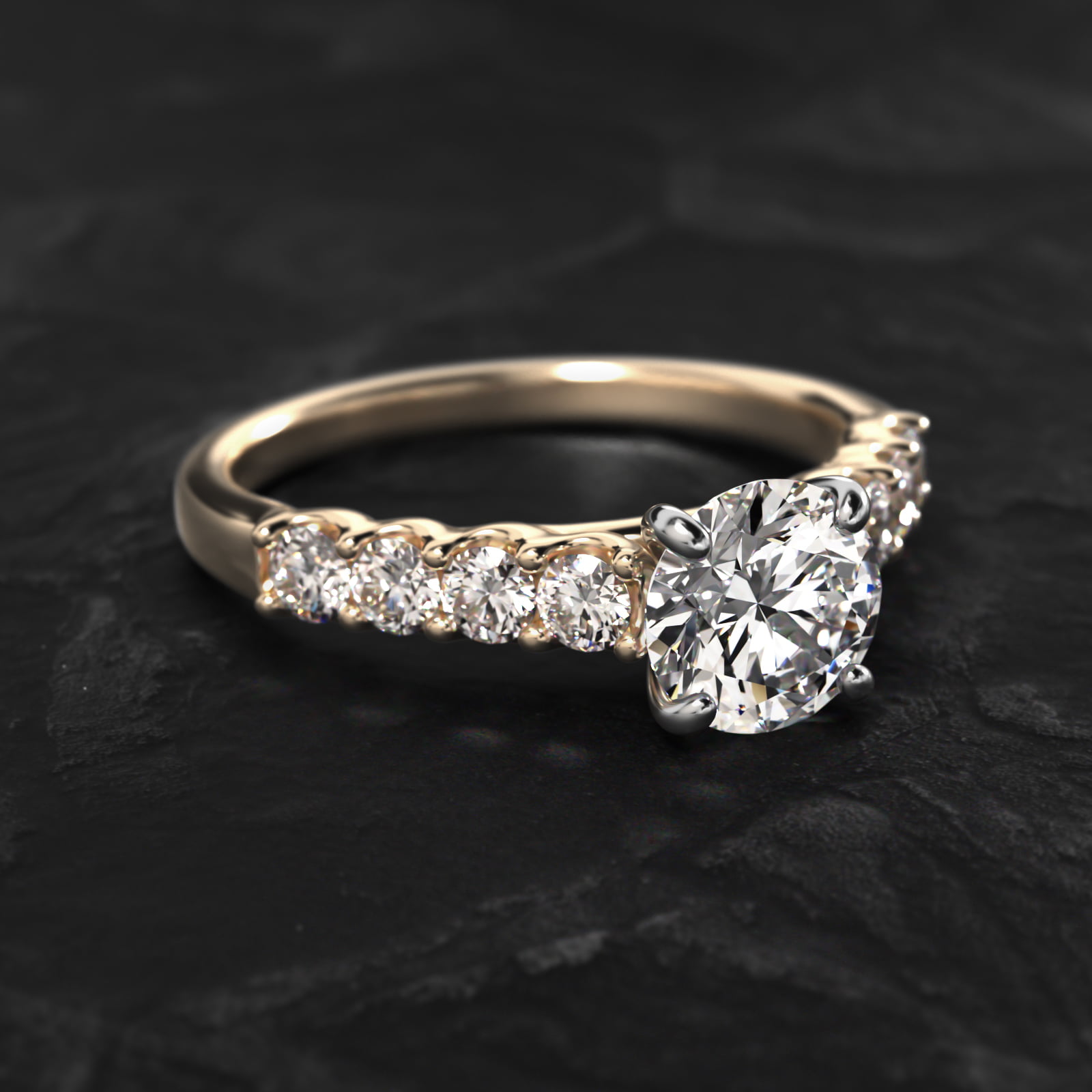 Eight Stone Cathedral Contour Side Stone Diamond Shared Prong Engagement Ring In 18K Yellow Gold