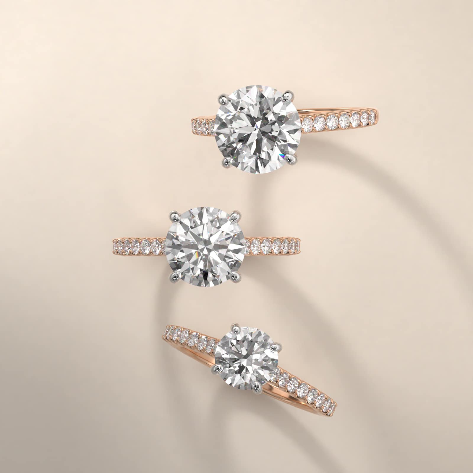 Petite Cathedral Contour Side Stone Diamond Shared Prong Engagement Ring In 14K Rose Gold