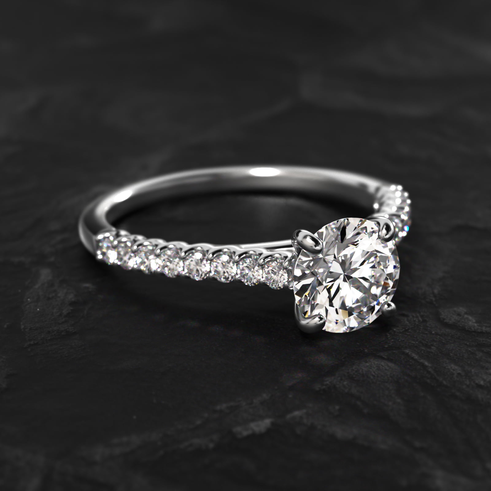 Petite Cathedral Contour Side Stone Diamond Shared Prong Engagement Ring In 14K White Gold