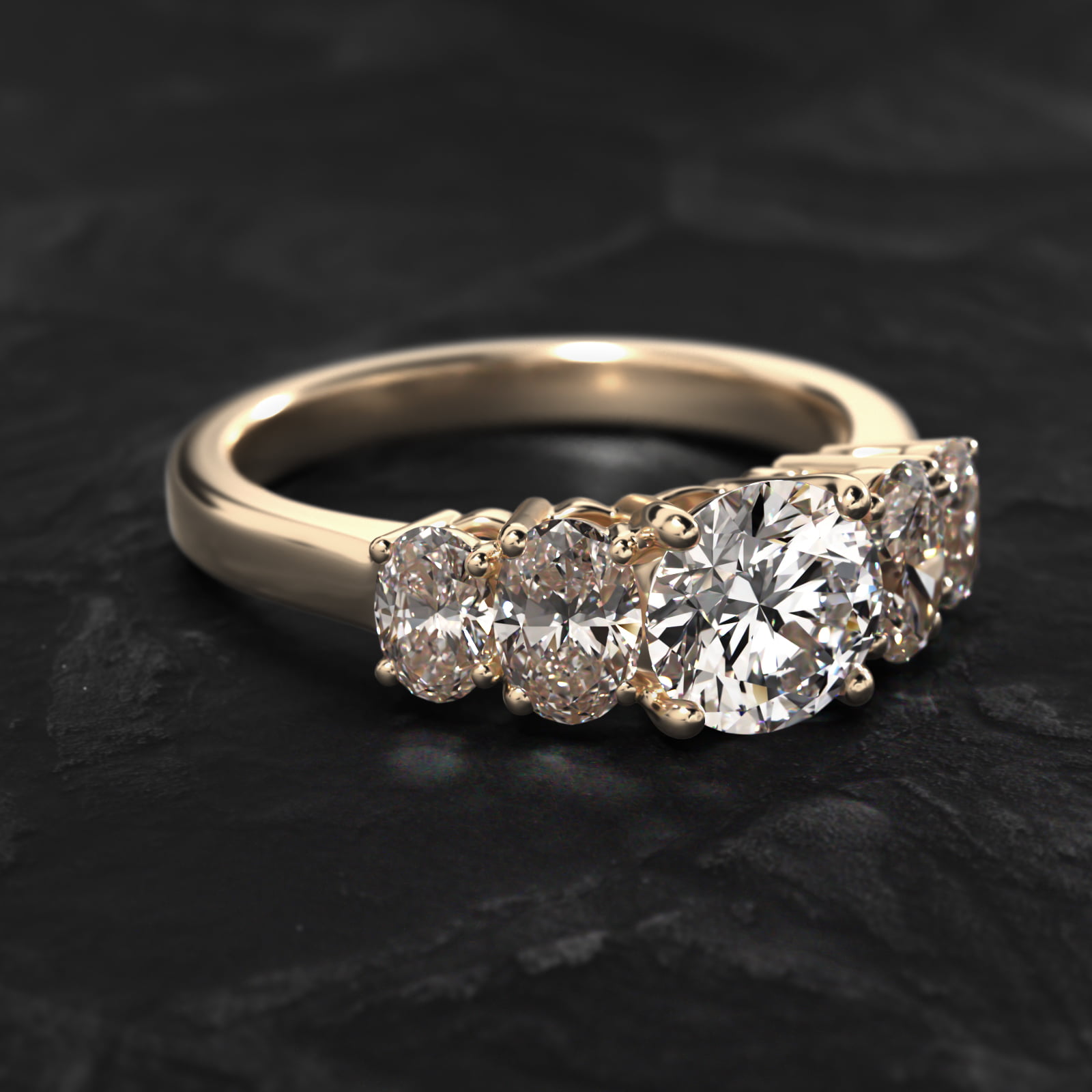 Four Oval Cut Side Stone Diamond Engagement Ring In 14K Yellow Gold