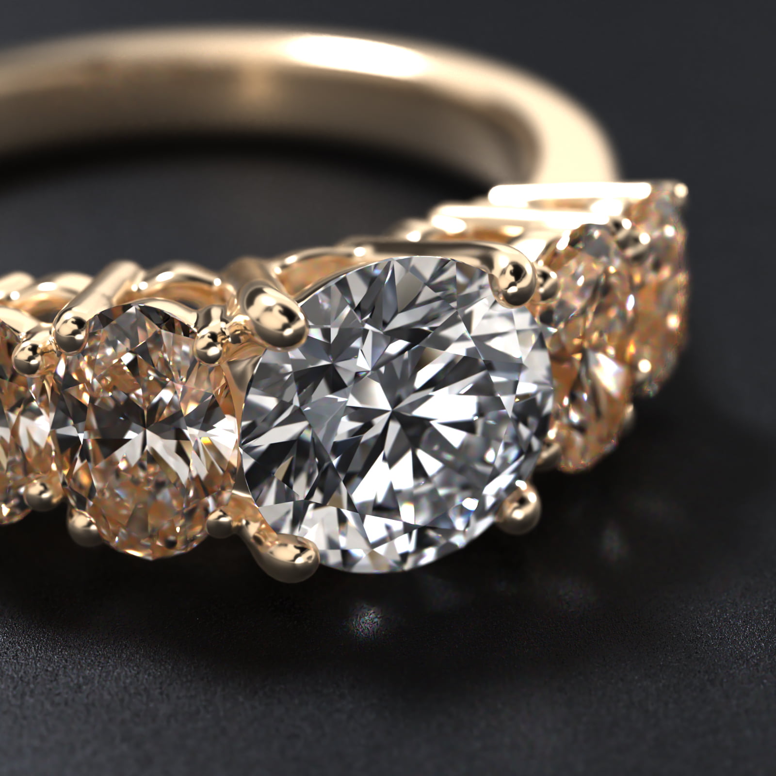 Four Oval Cut Side Stone Diamond Engagement Ring In 14K Yellow Gold