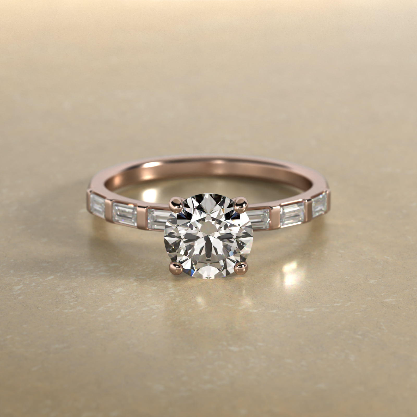 Straight Baguette Row Side Stone Diamond Engagement Ring In 14K Rose Gold