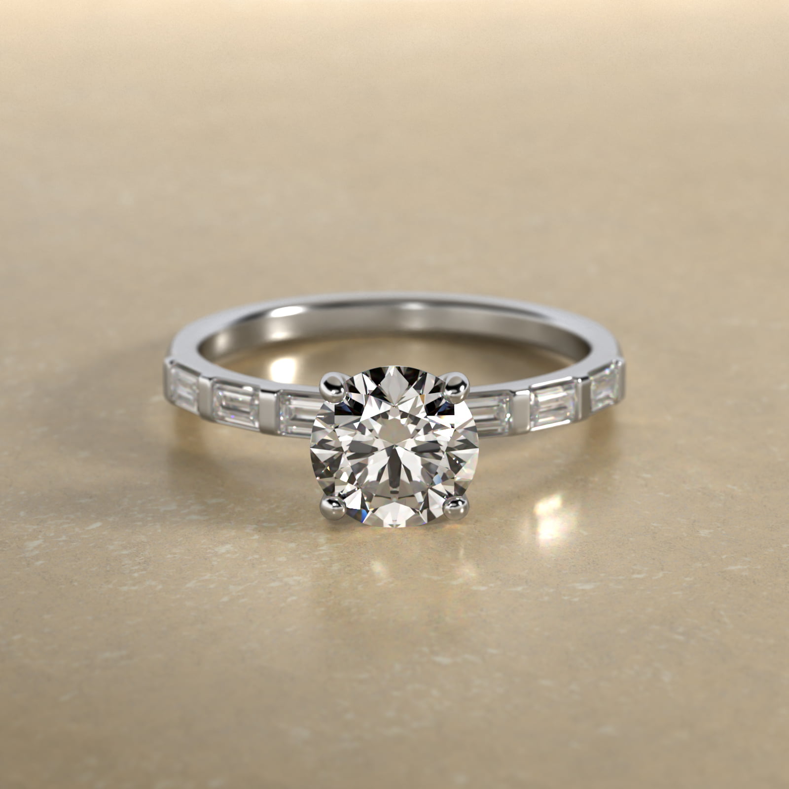 Straight Baguette Row Side Stone Diamond Engagement Ring In Platinum