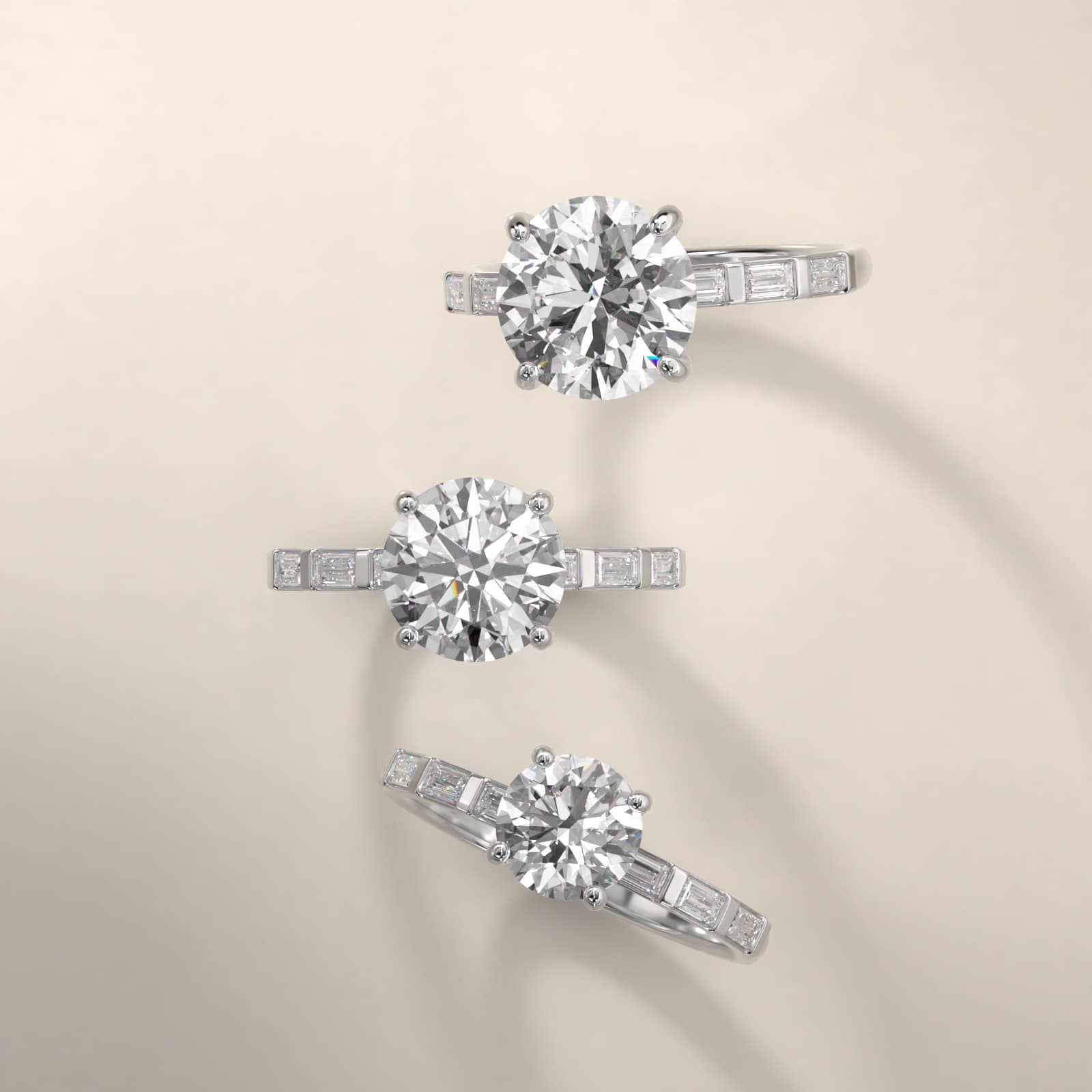 Straight Baguette Row Side Stone Diamond Engagement Ring In 18K White Gold