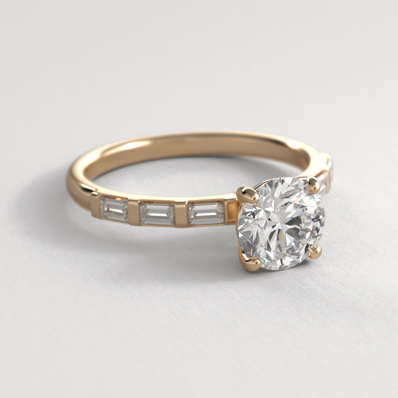 Straight Baguette Row Side Stone Diamond Engagement Ring In 14K Yellow Gold