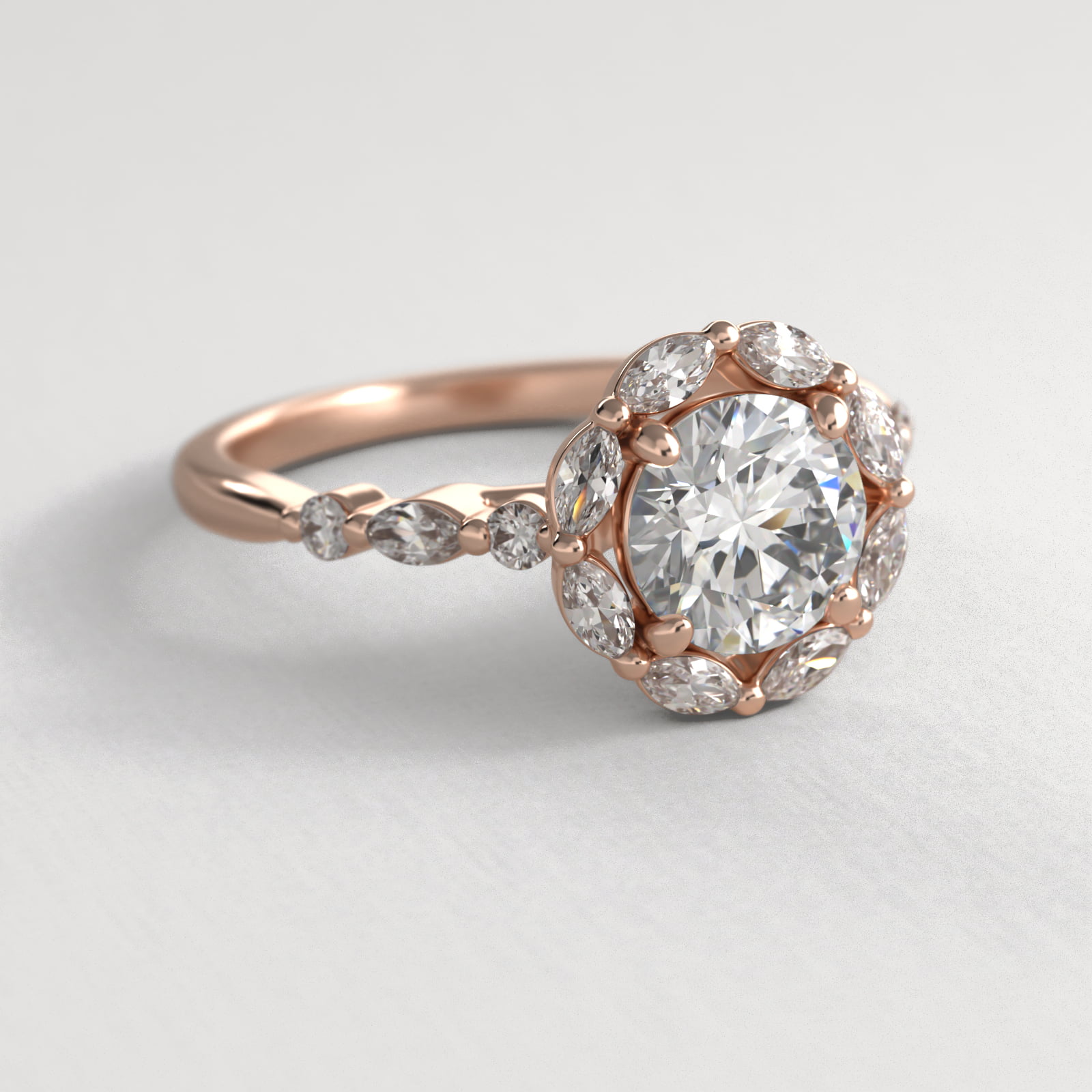 Shared Prong Marquise Diamond Halo Engagement Ring In 14K Rose Gold