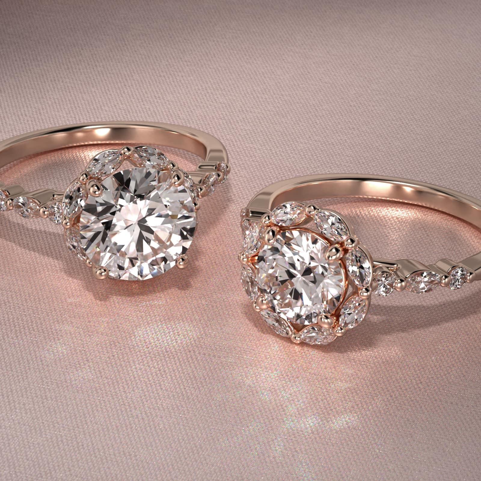 Shared Prong Marquise Diamond Halo Engagement Ring In 14K Rose Gold