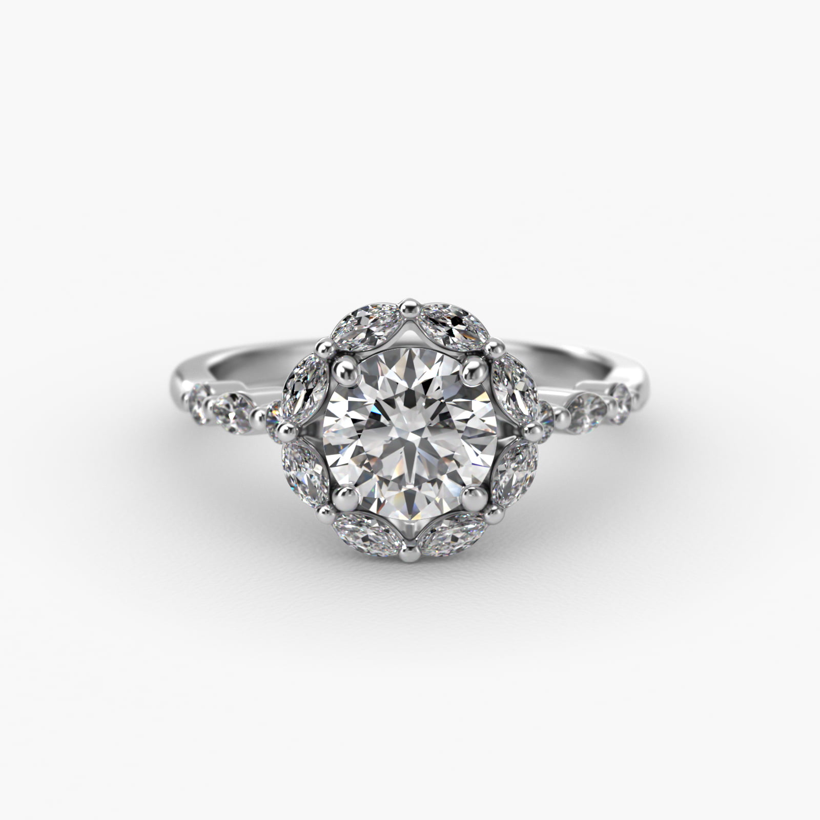 Shared Prong Marquise Diamond Halo Engagement Ring In 14K White Gold