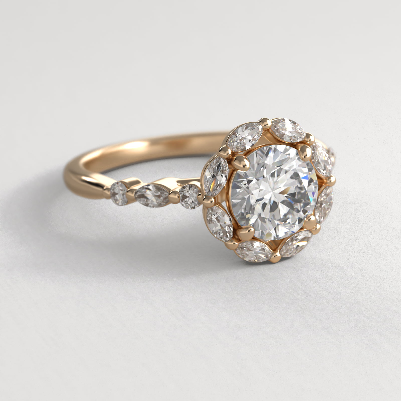 Shared Prong Marquise Diamond Halo Engagement Ring In 14K Yellow Gold