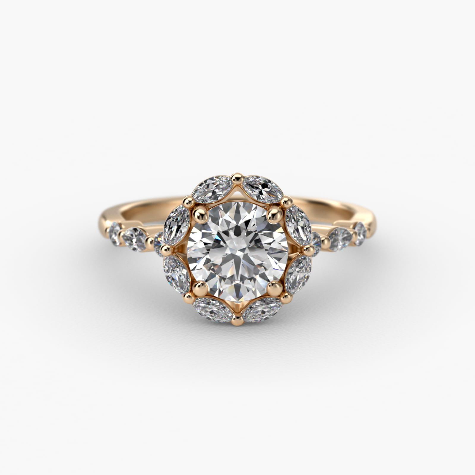 Shared Prong Marquise Diamond Halo Engagement Ring In 18K Yellow Gold