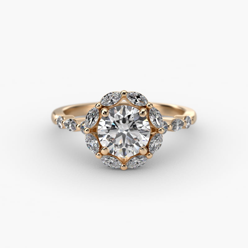 Shared Prong Marquise Diamond Halo Engagement Ring In 14K Yellow Gold