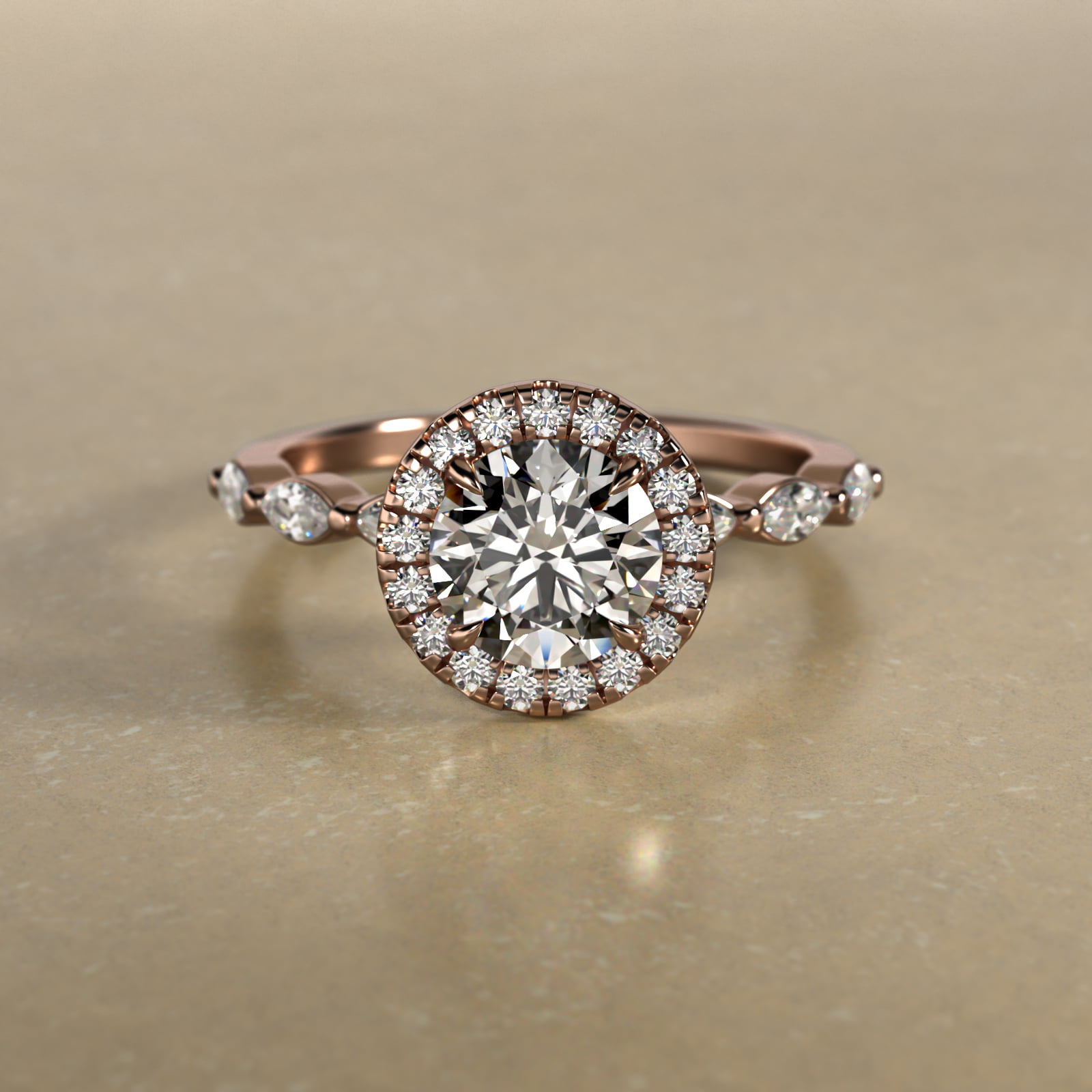 Marquise Row Diamond Halo Engagement Ring In 14K Rose Gold