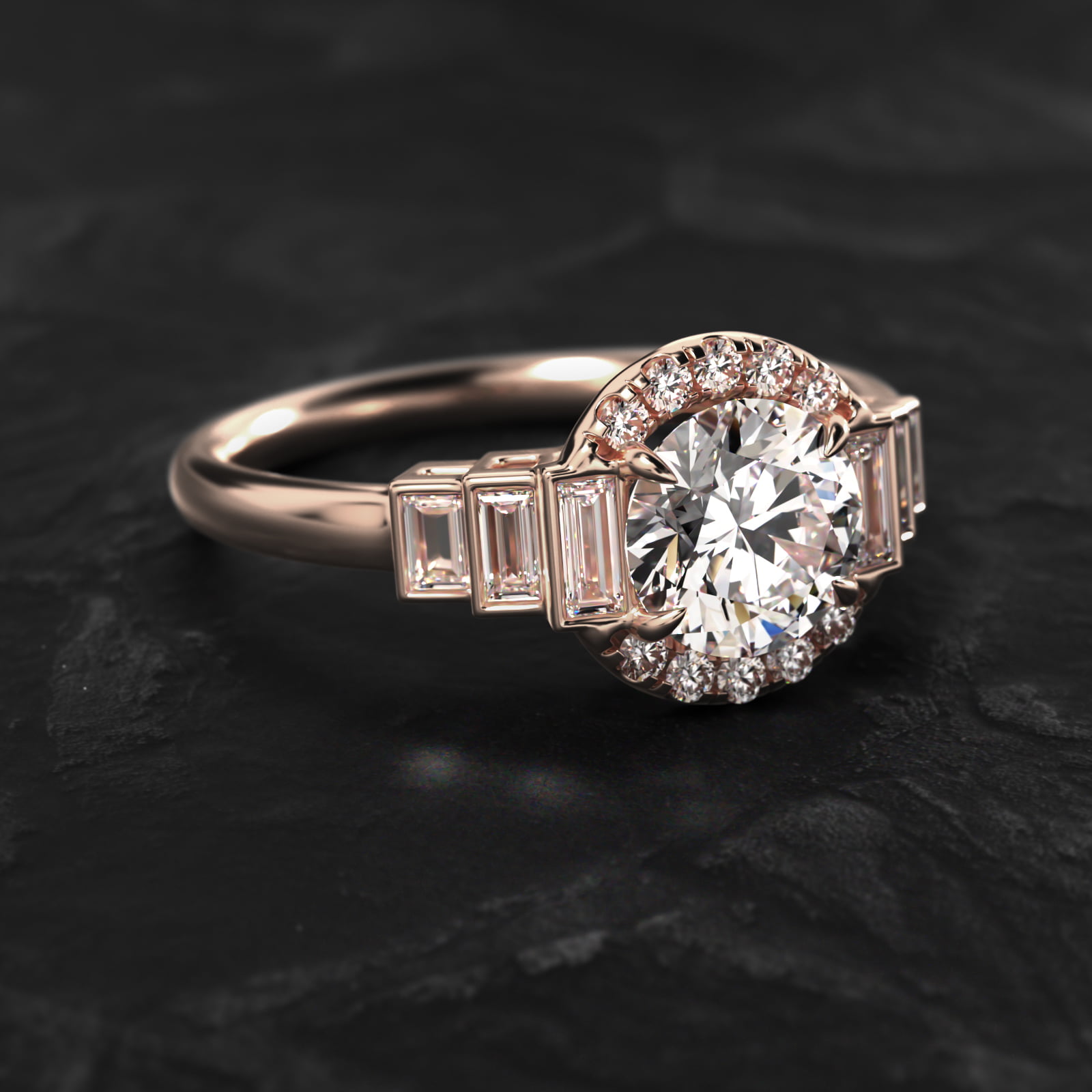 Escalating Baguette Diamond Halo Engagement Ring In 14K Rose Gold