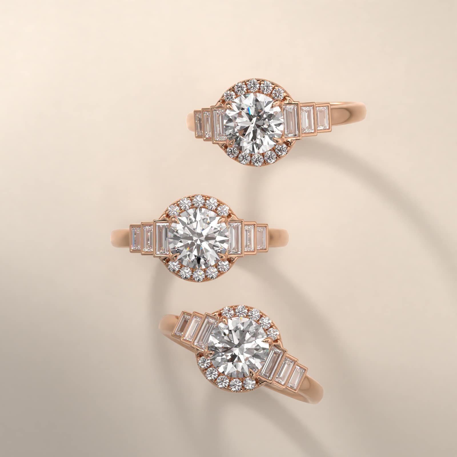 Escalating Baguette Diamond Halo Engagement Ring In 14K Rose Gold