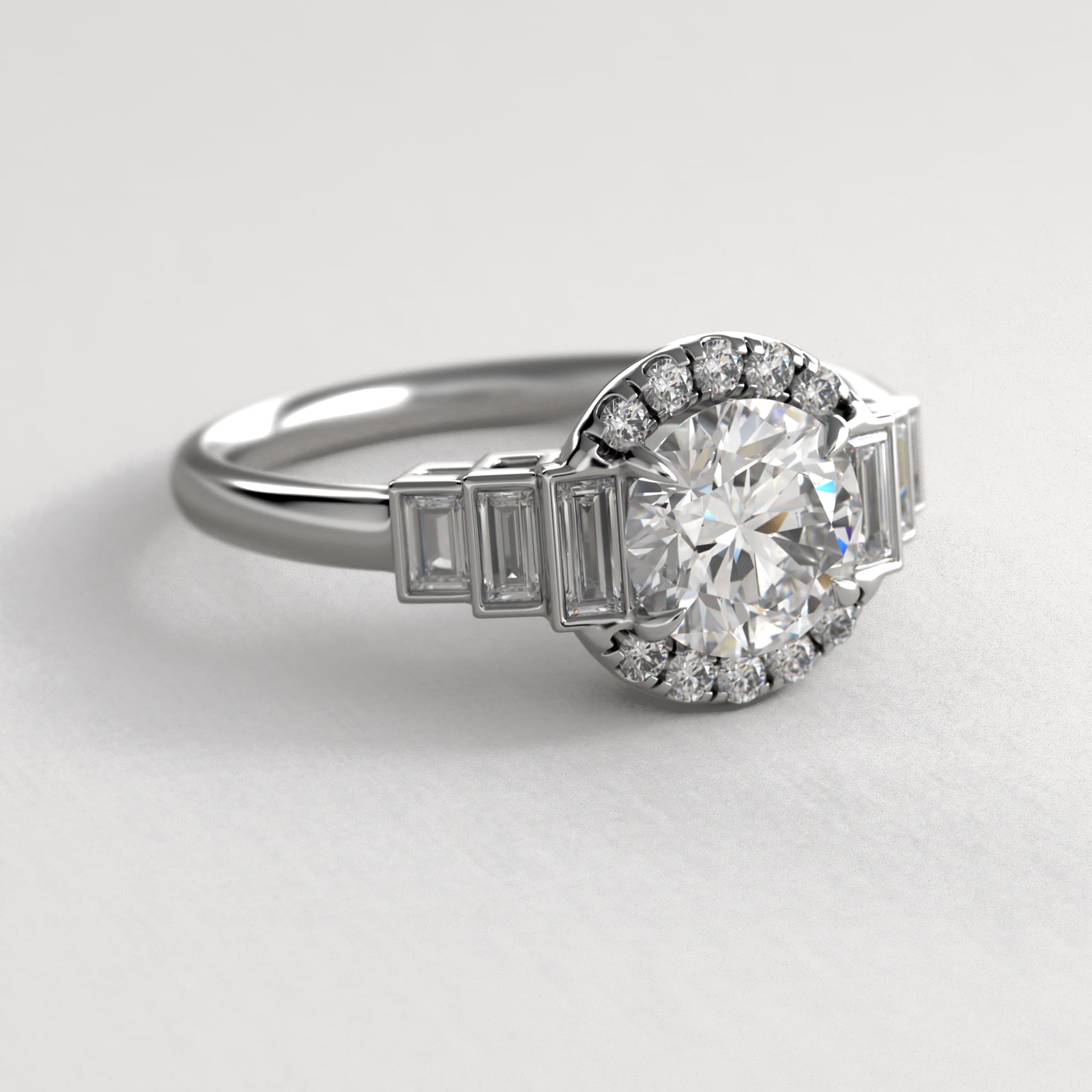 Escalating Baguette Diamond Halo Engagement Ring In 18K White Gold