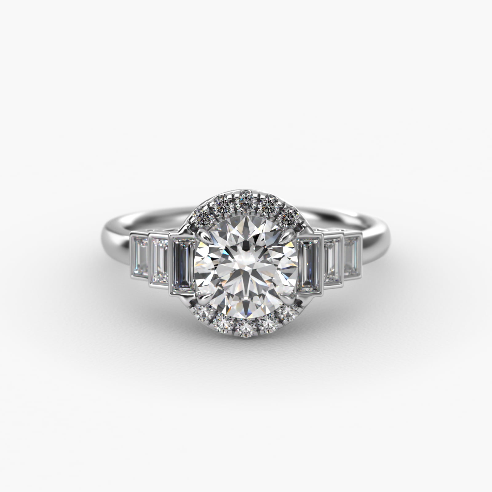Escalating Baguette Diamond Halo Engagement Ring In 14K White Gold
