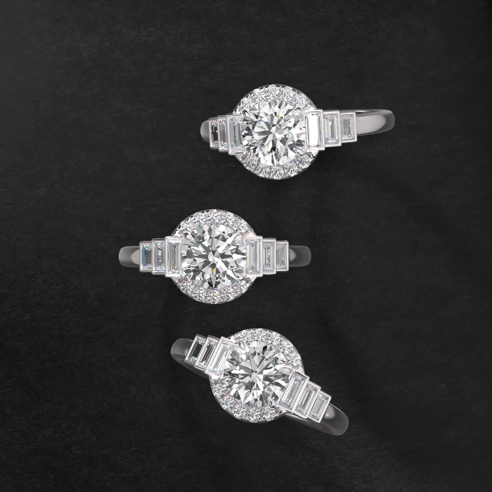 Escalating Baguette Diamond Halo Engagement Ring In 14K White Gold