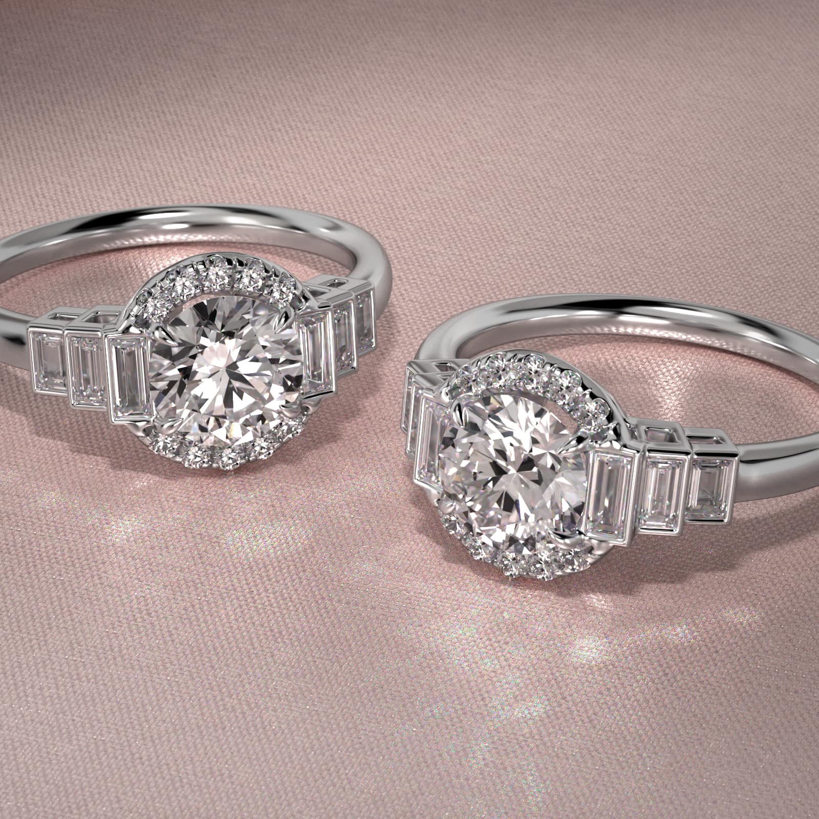 Escalating Baguette Diamond Halo Engagement Ring In 18K White Gold