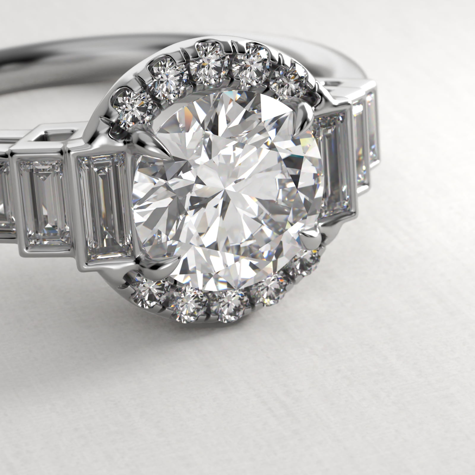 Escalating Baguette Diamond Halo Engagement Ring In 18K White Gold