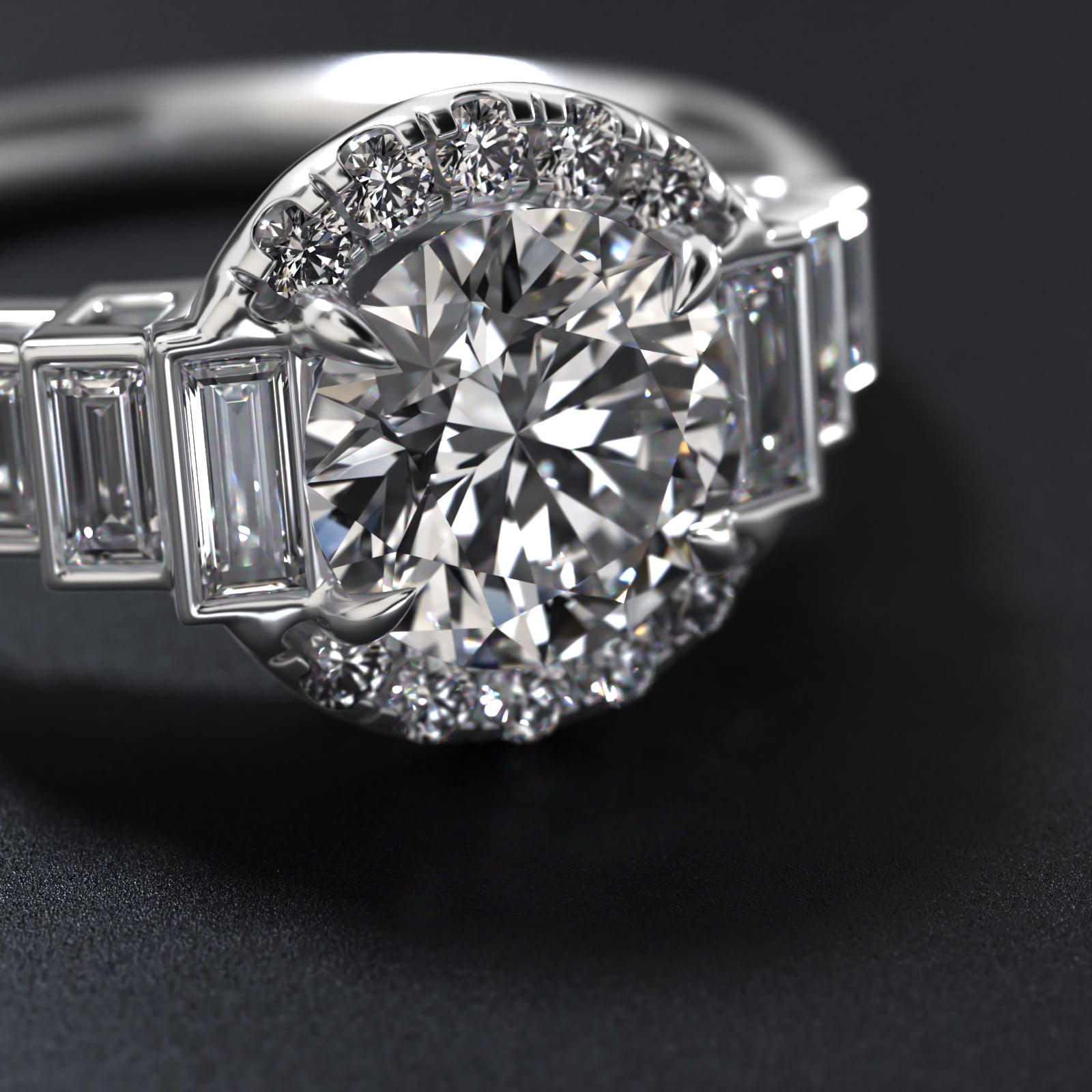 Escalating Baguette Diamond Halo Engagement Ring In Platinum