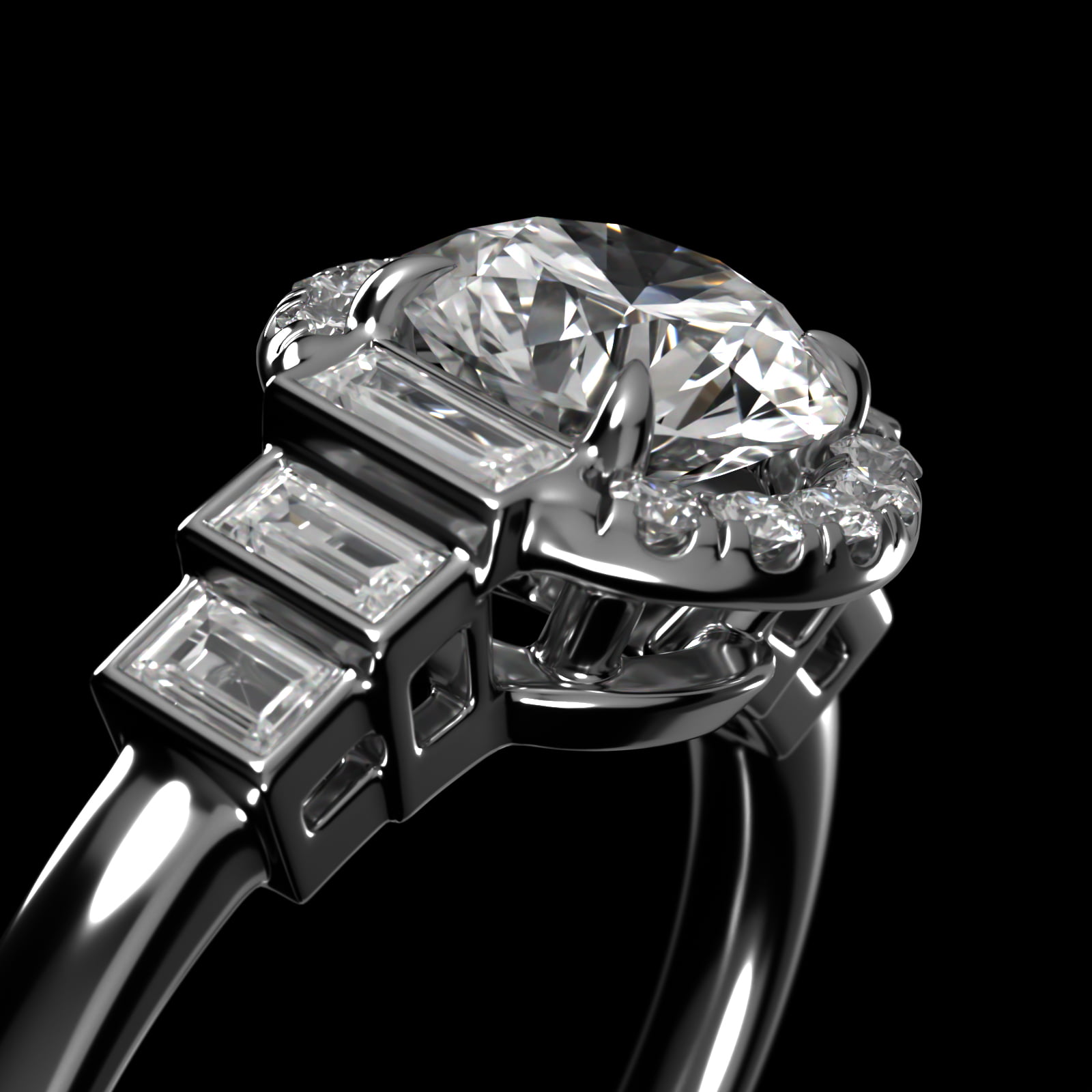 Escalating Baguette Diamond Halo Engagement Ring In 14K White Gold