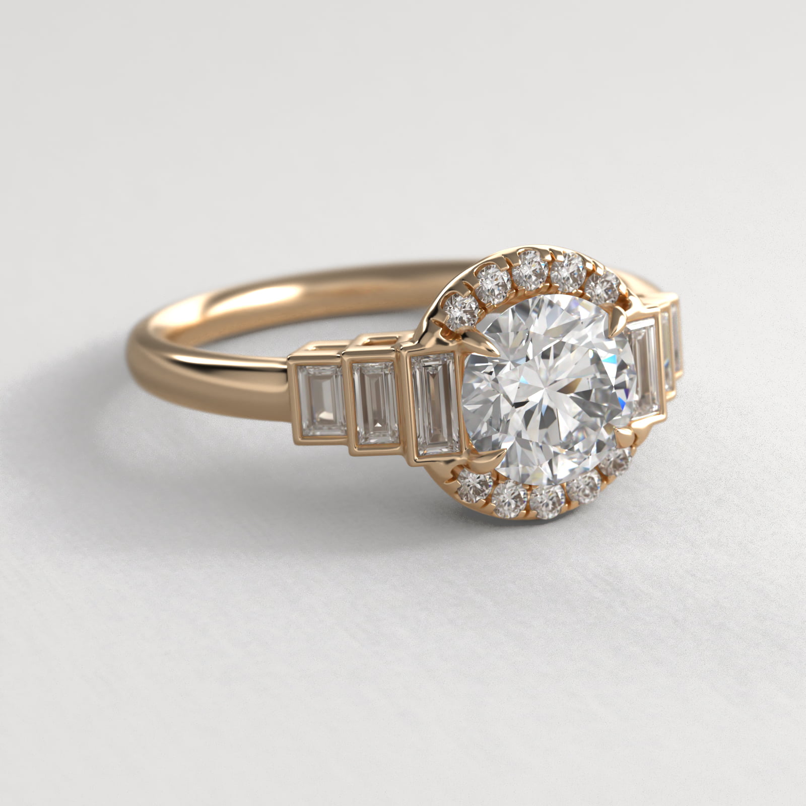 Escalating Baguette Diamond Halo Engagement Ring In 18K Yellow Gold