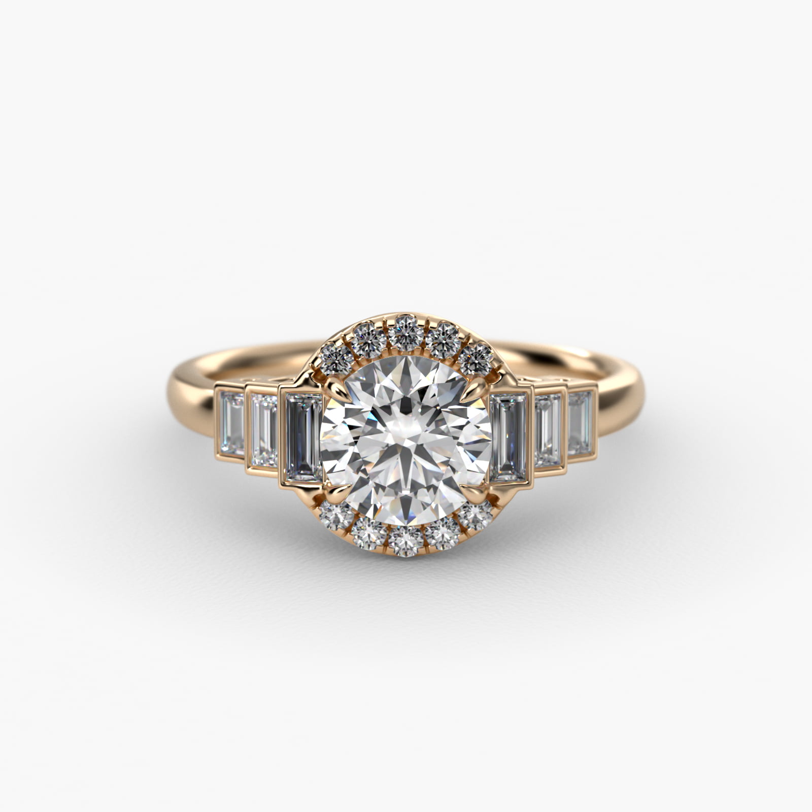 Escalating Baguette Diamond Halo Engagement Ring In 14K Yellow Gold