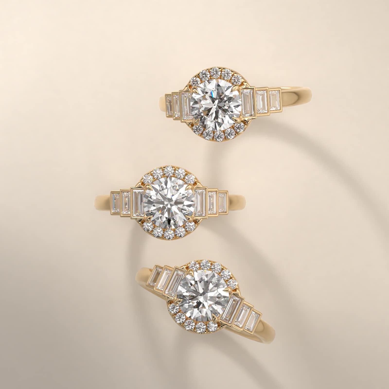 Escalating Baguette Diamond Halo Engagement Ring In 14K Yellow Gold