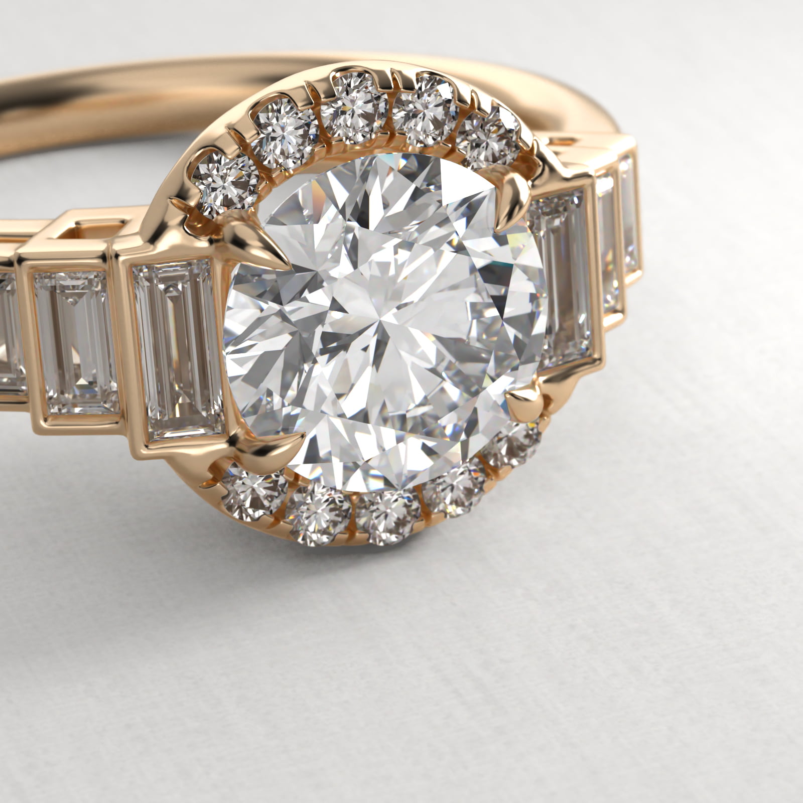 Escalating Baguette Diamond Halo Engagement Ring In 18K Yellow Gold