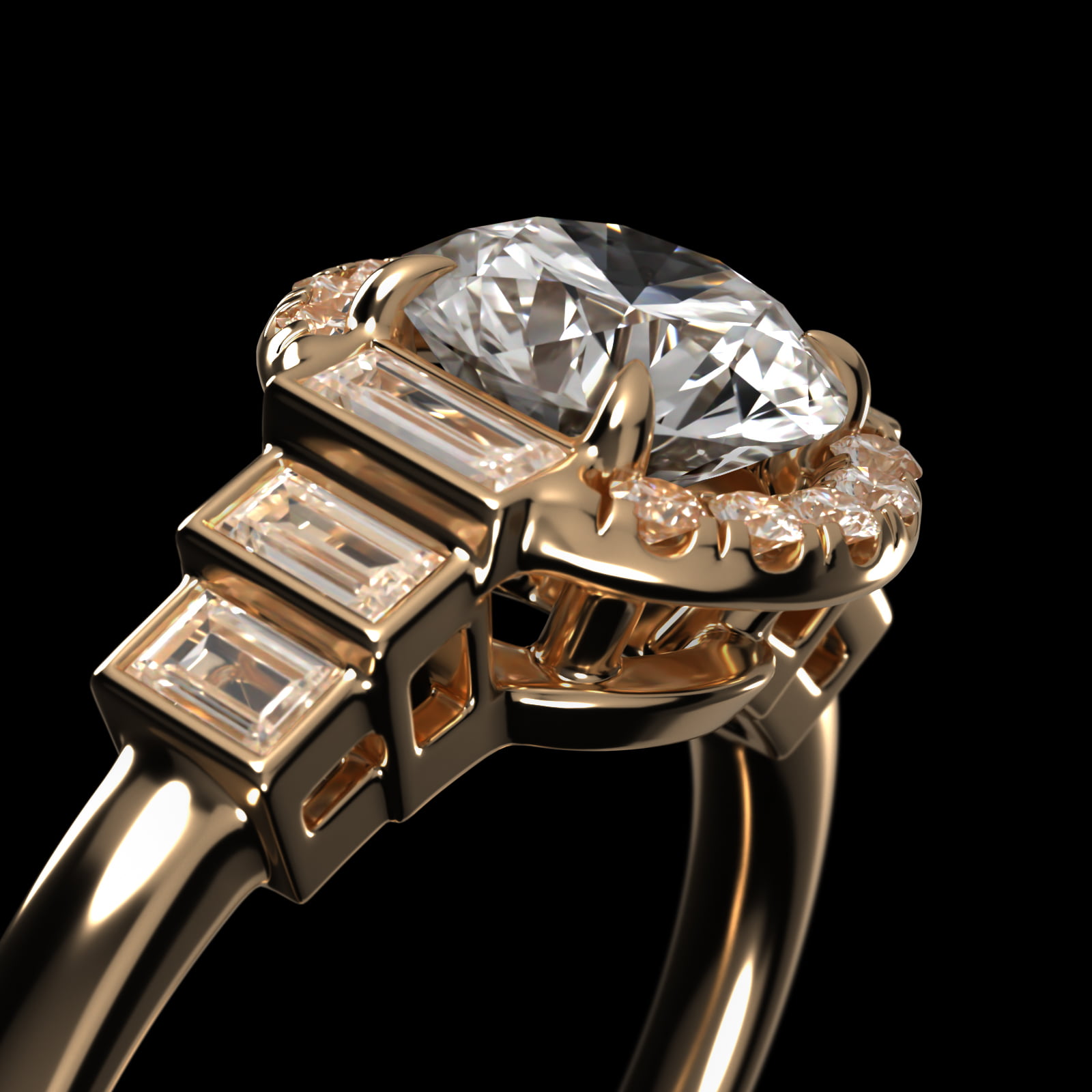 Escalating Baguette Diamond Halo Engagement Ring In 14K Yellow Gold