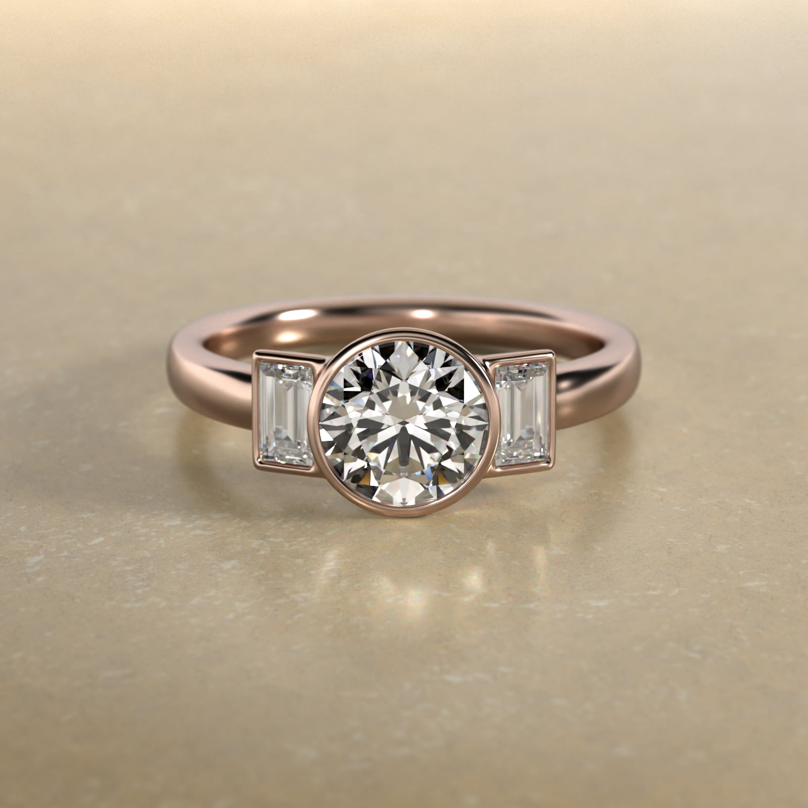 Bezel Straight Baguette Cut Diamond Three Stone Engagement Ring In 14K Rose Gold