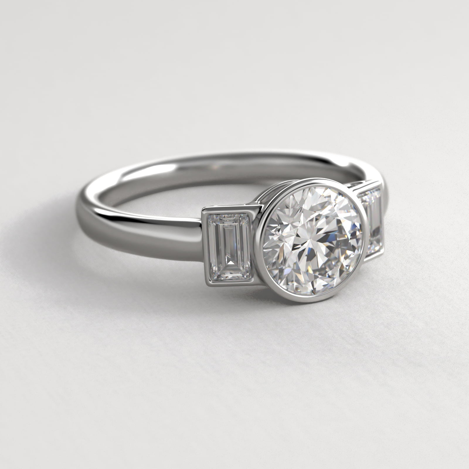 Bezel Straight Baguette Cut Diamond Three Stone Engagement Ring In 18K White Gold