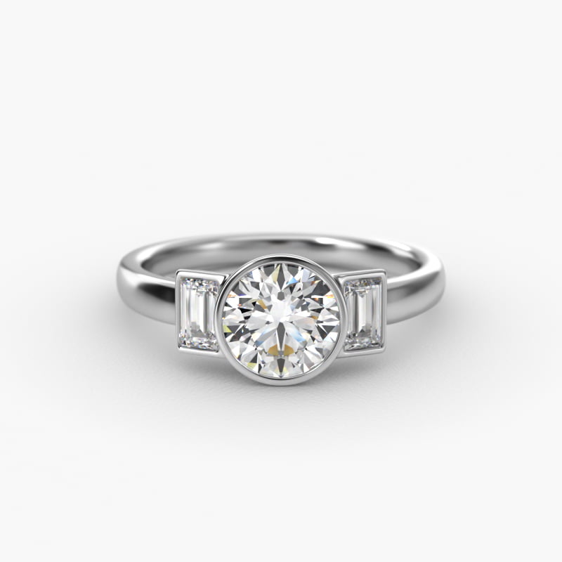 Bezel Straight Baguette Cut Diamond Three Stone Engagement Ring In Platinum