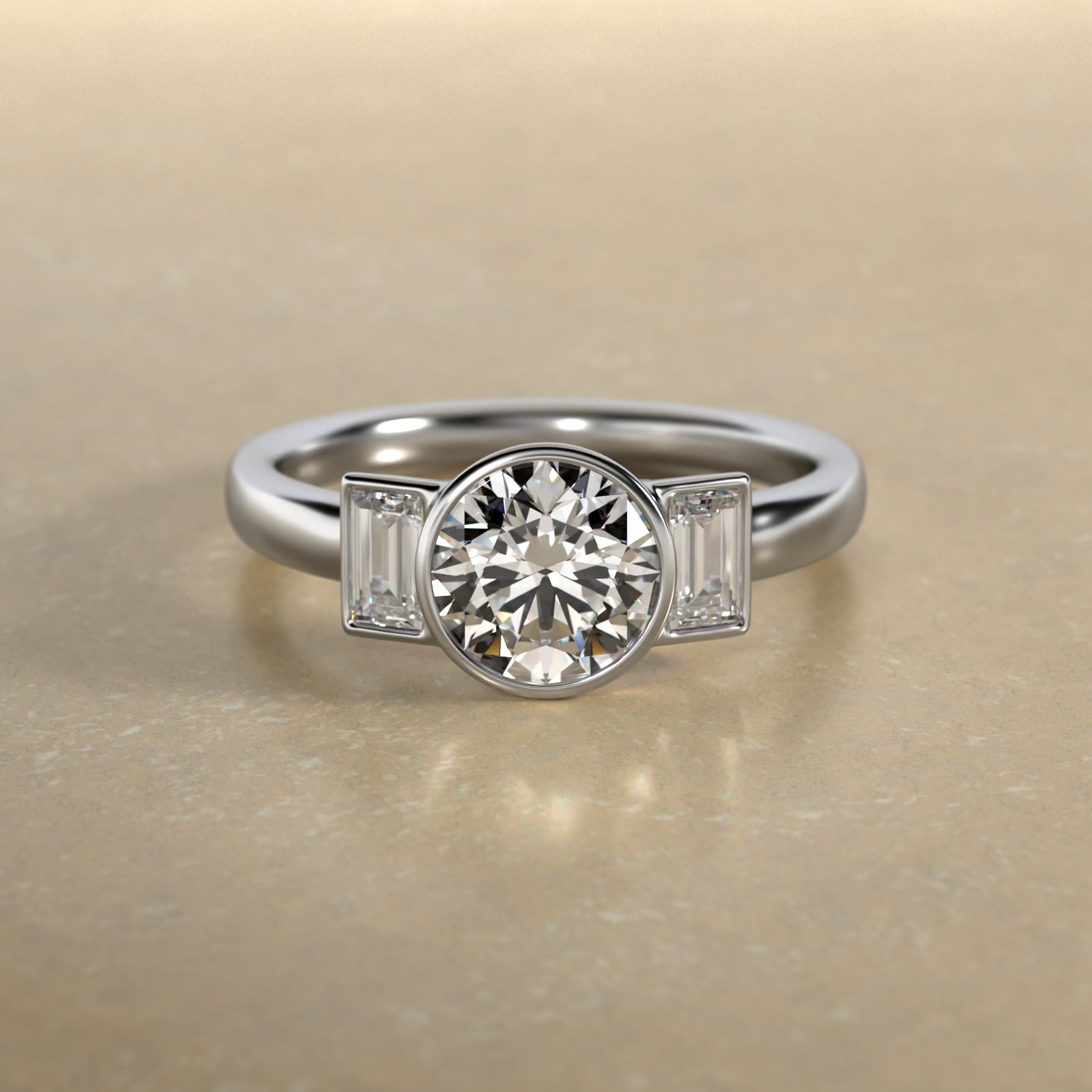 Bezel Straight Baguette Cut Diamond Three Stone Engagement Ring In 14K White Gold