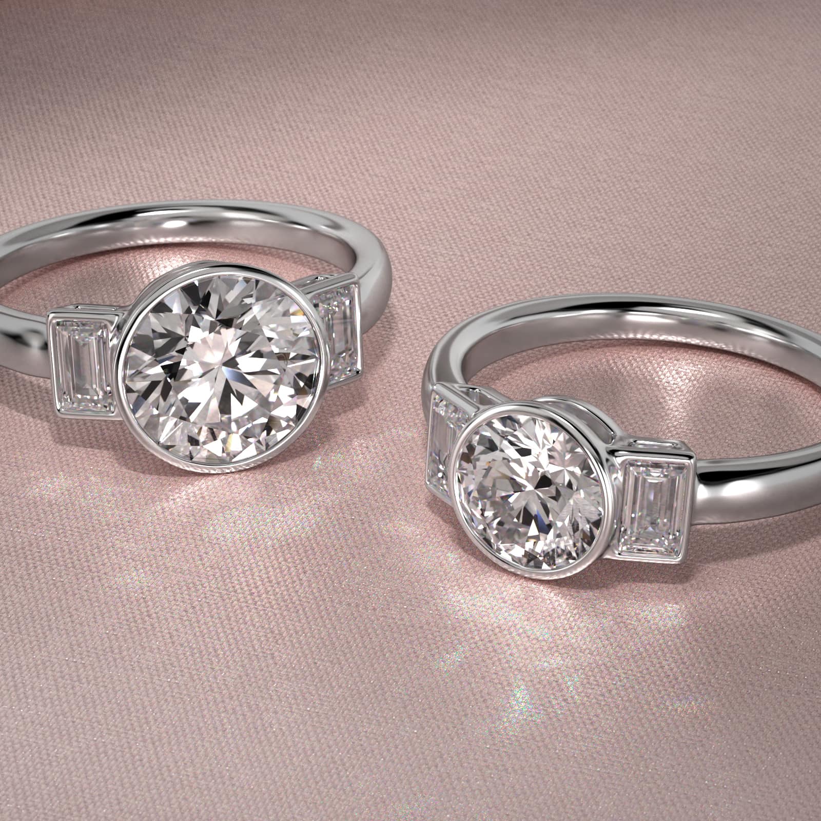 Bezel Straight Baguette Cut Diamond Three Stone Engagement Ring In 14K White Gold