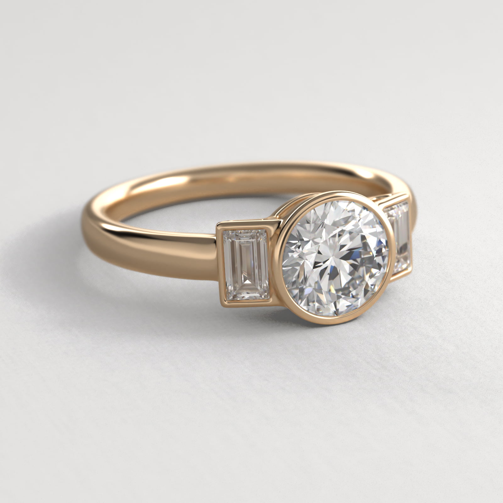 Bezel Straight Baguette Cut Diamond Three Stone Engagement Ring In 14K Yellow Gold